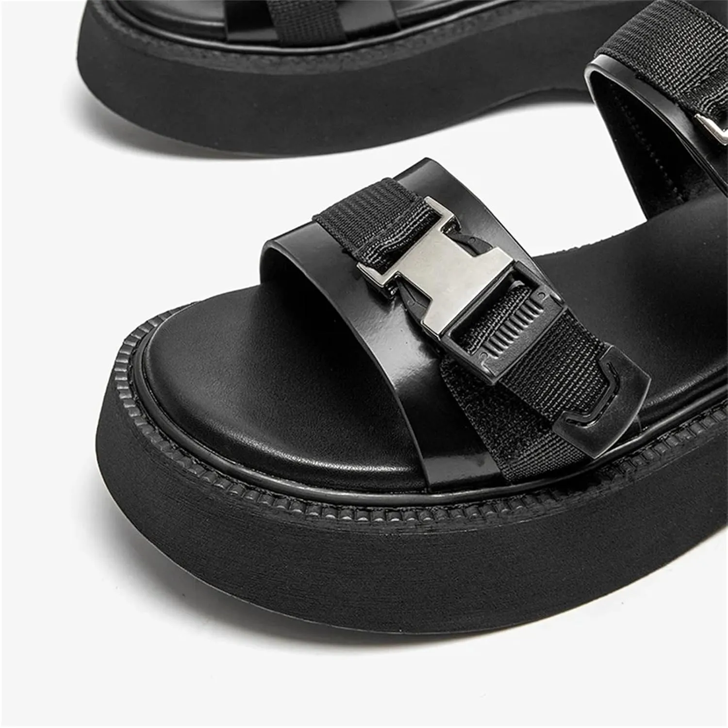 Women's Open Toe Platform Sandals - Ankle Buckle Strap Leather Summer Flats