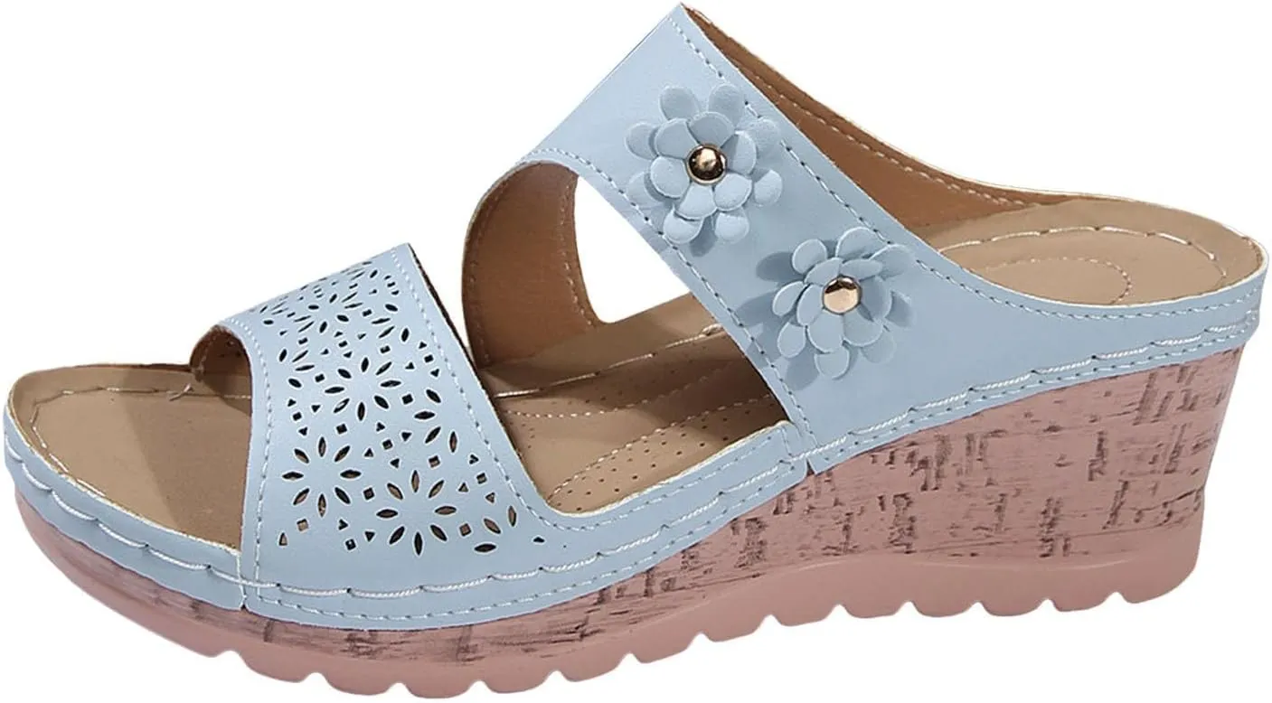 Women's Platform & Wedge Sandals Arch Support Orthopedic Sandals Dressy Flower Two Strap Slip on Sandal, Open Toe Hollow Out Breathable Walking Slippers Comfortable Summer Shoes