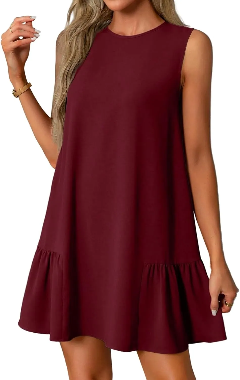 Women's Ruffle Hem Sleeveless Tank Dress Round Neck Casual Jacquard Hem Smock Summer Mini Dresses Sleeveless Dress for Women