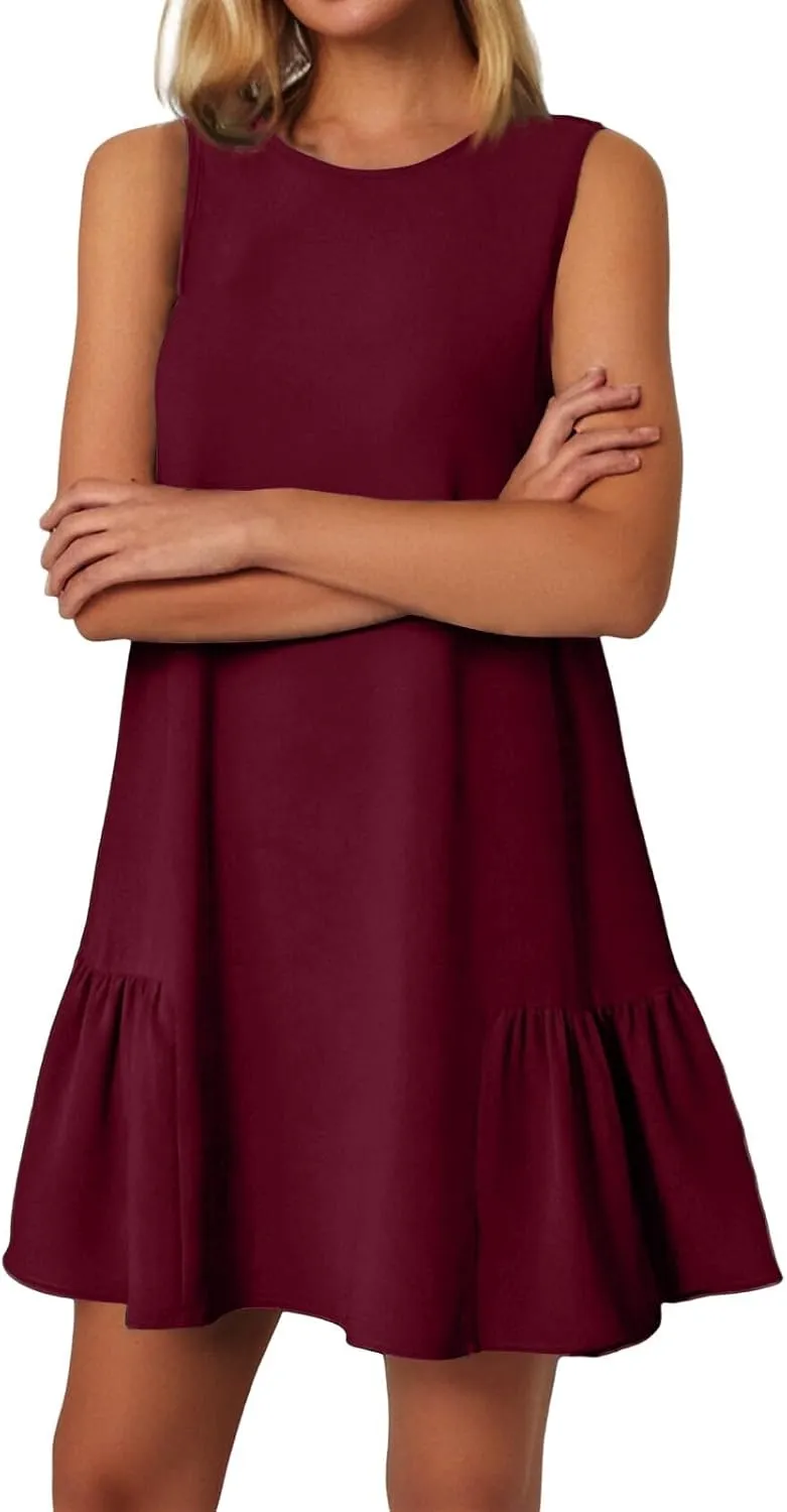 Women's Ruffle Hem Sleeveless Tank Dress Round Neck Casual Jacquard Hem Smock Summer Mini Dresses Sleeveless Dress for Women