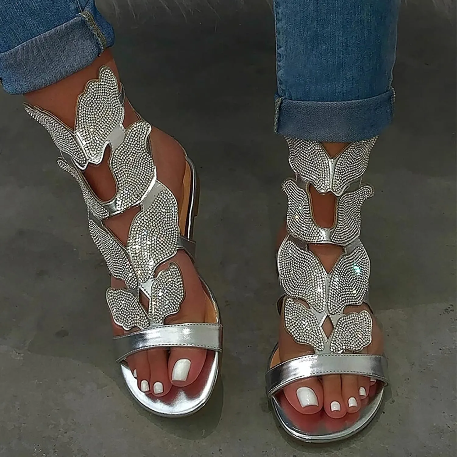 Women's Sandals Summer Crystal Women's Rhinestone Heel Fashion Ladies Casual Toe Low Open Shoes Sandals
