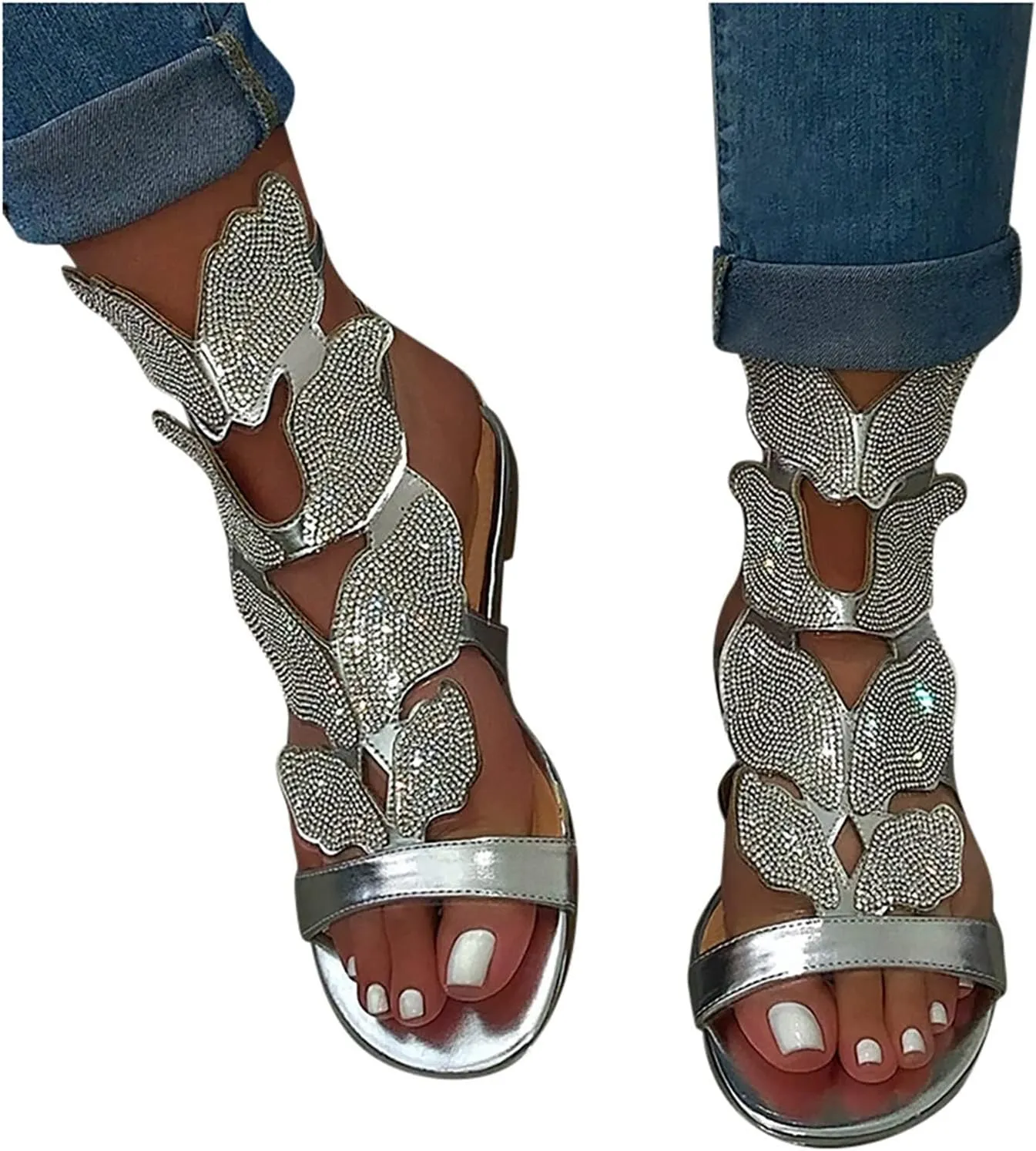 Women's Sandals Summer Crystal Women's Rhinestone Heel Fashion Ladies Casual Toe Low Open Shoes Sandals