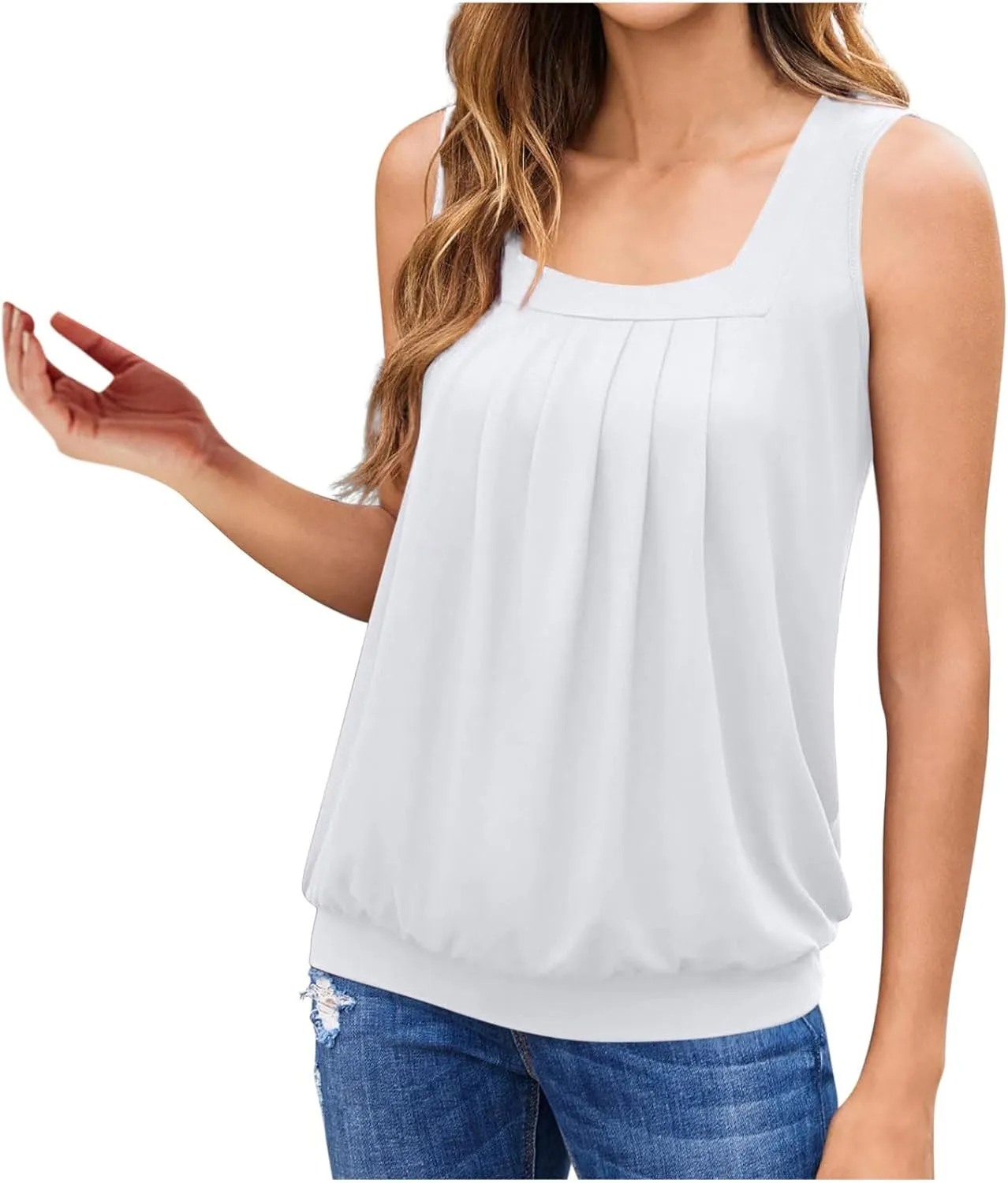 Women??s Shirt Ruffled Square Collar Tank Tops Solid Floral Printed Summer Casual Wrinkled Loose Fit Sleeveless Shirts