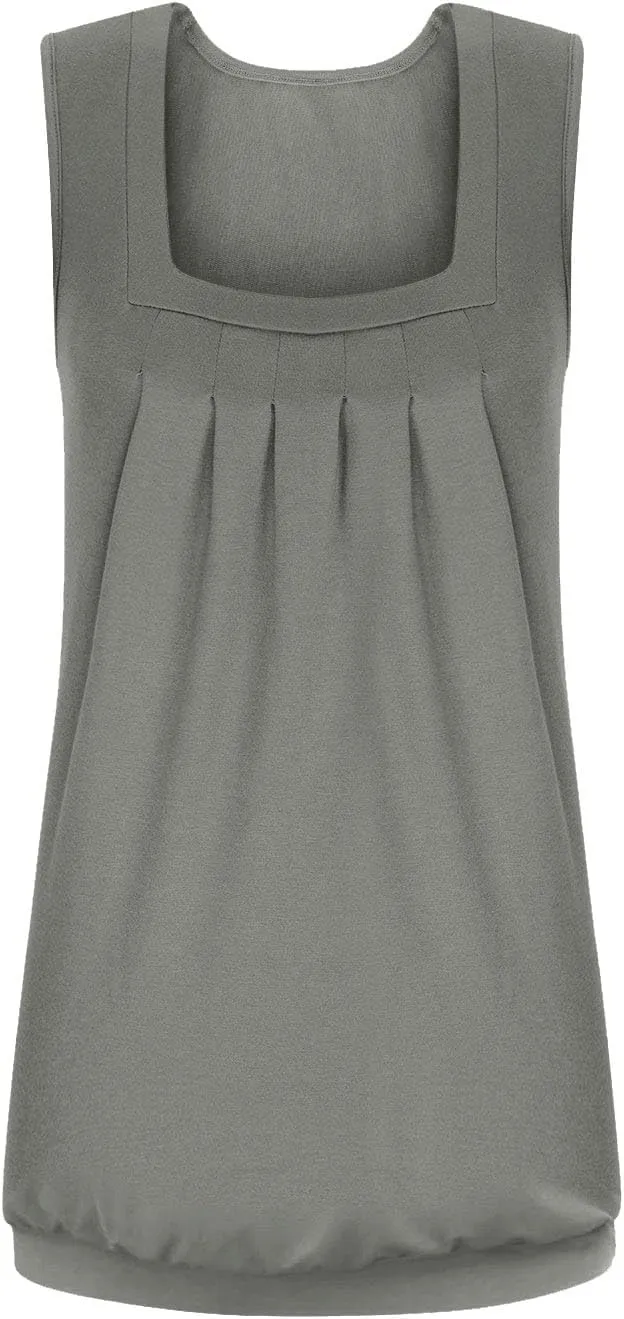 Women??s Shirt Ruffled Square Collar Tank Tops Solid Floral Printed Summer Casual Wrinkled Loose Fit Sleeveless Shirts