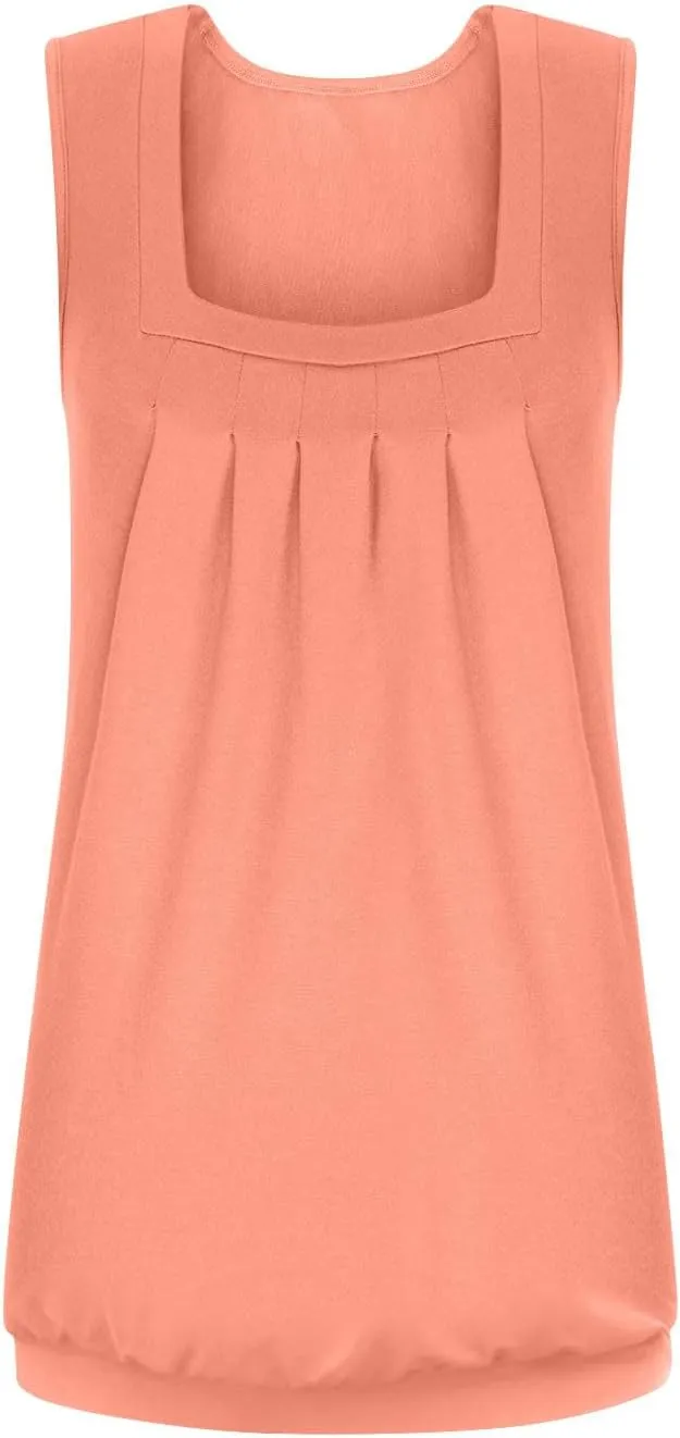 Women??s Shirt Ruffled Square Collar Tank Tops Solid Floral Printed Summer Casual Wrinkled Loose Fit Sleeveless Shirts