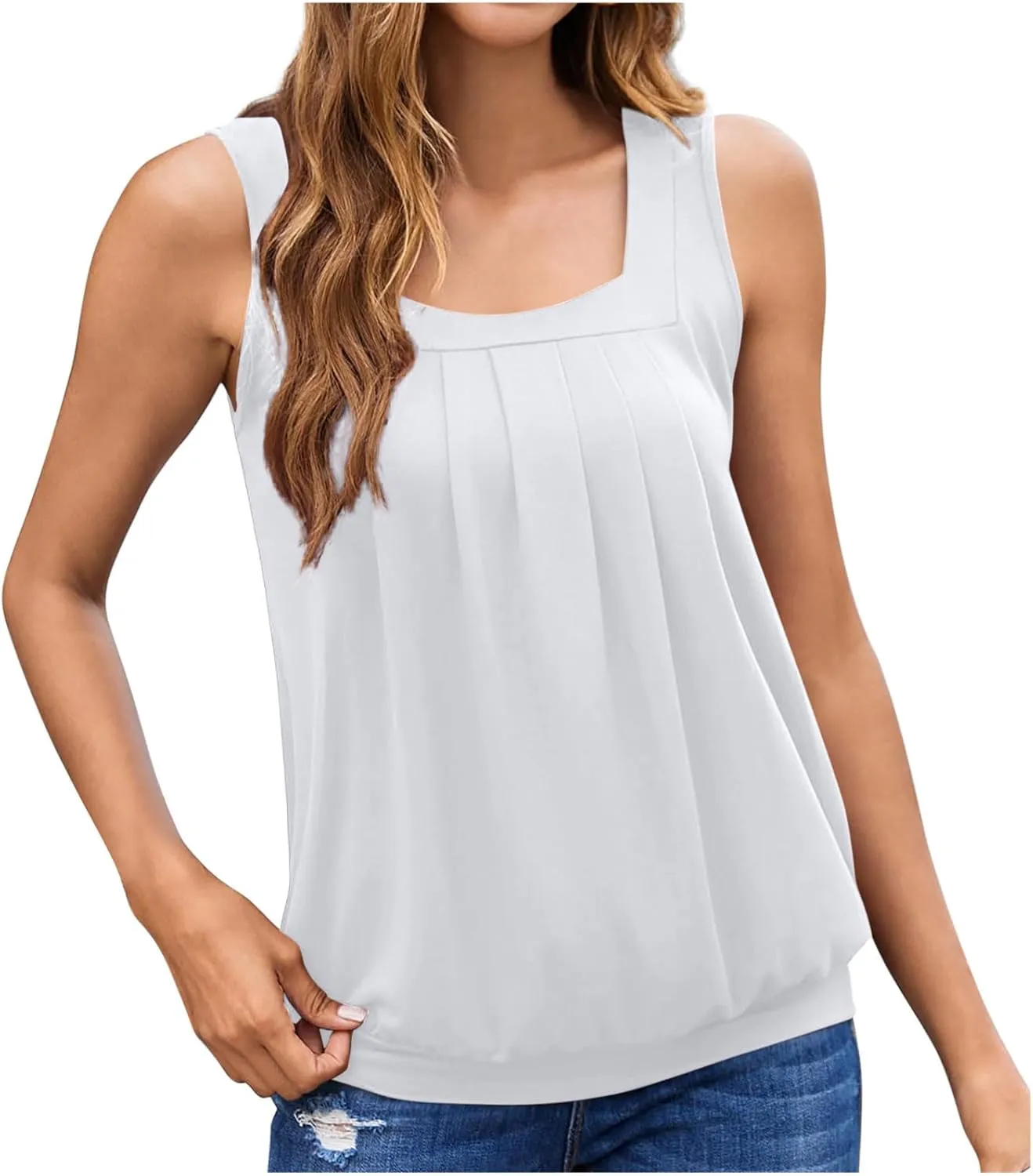 Women??s Shirt Ruffled Square Collar Tank Tops Solid Floral Printed Summer Casual Wrinkled Loose Fit Sleeveless Shirts
