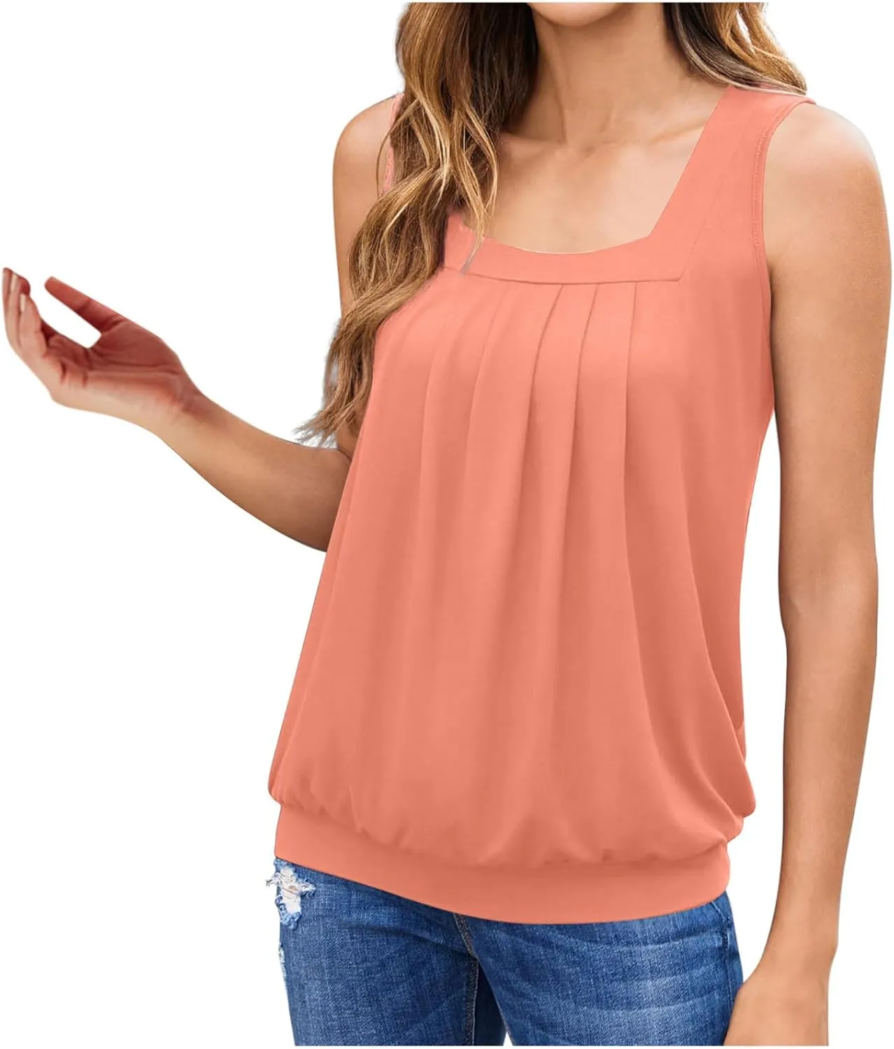 Women??s Shirt Ruffled Square Collar Tank Tops Solid Floral Printed Summer Casual Wrinkled Loose Fit Sleeveless Shirts