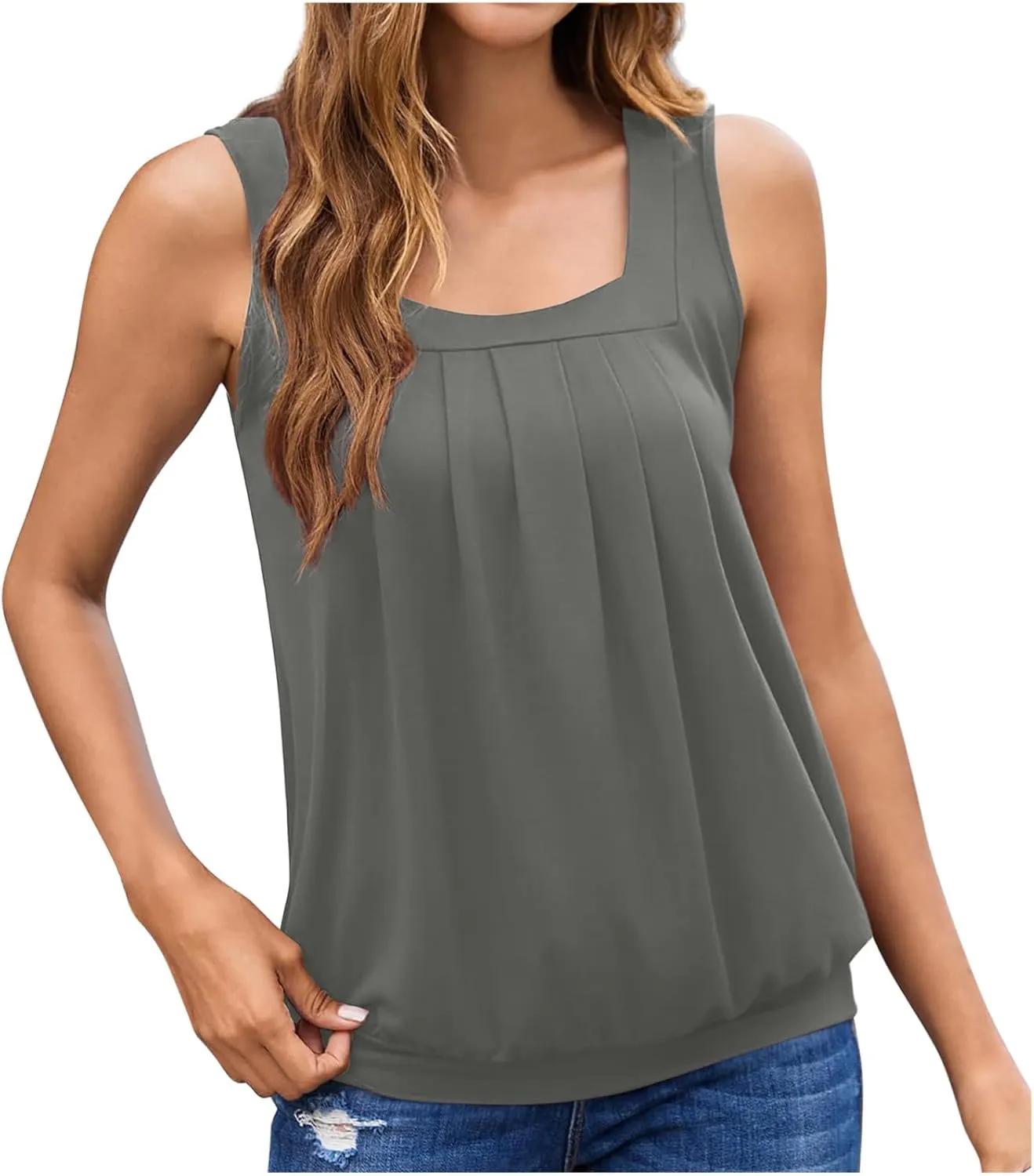 Women??s Shirt Ruffled Square Collar Tank Tops Solid Floral Printed Summer Casual Wrinkled Loose Fit Sleeveless Shirts
