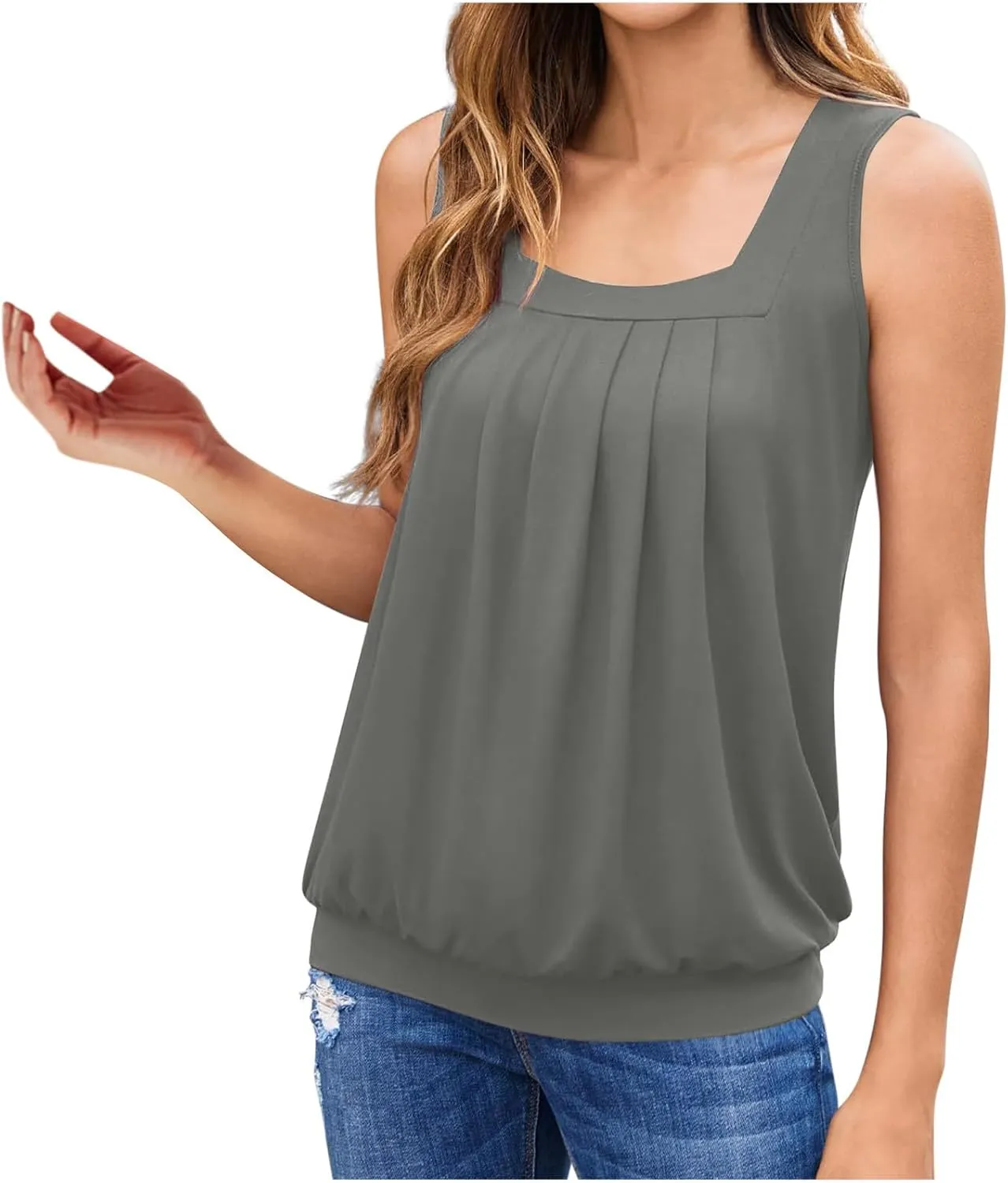 Women??s Shirt Ruffled Square Collar Tank Tops Solid Floral Printed Summer Casual Wrinkled Loose Fit Sleeveless Shirts
