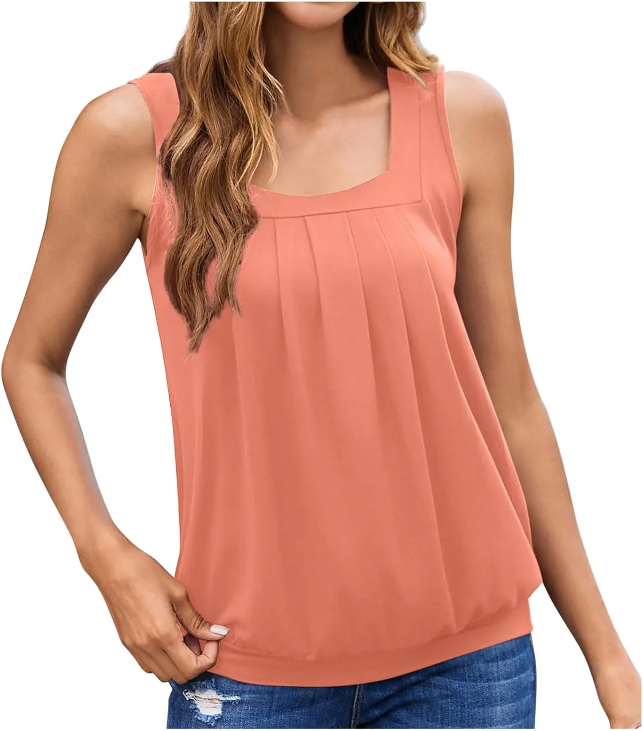 Women??s Shirt Ruffled Square Collar Tank Tops Solid Floral Printed Summer Casual Wrinkled Loose Fit Sleeveless Shirts