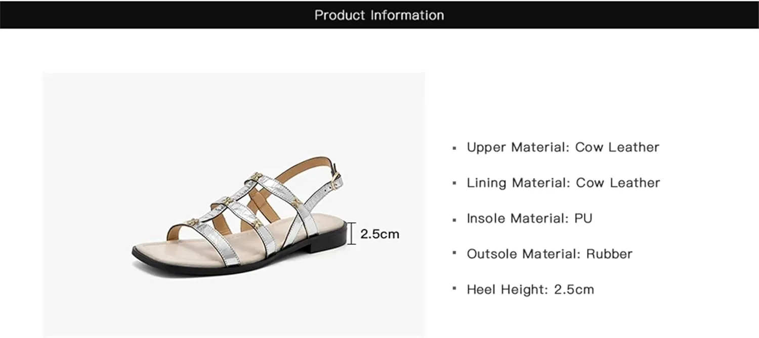 Women's Silver Thin Strap Sandals - Genuine Leather Round Toe Summer Flats