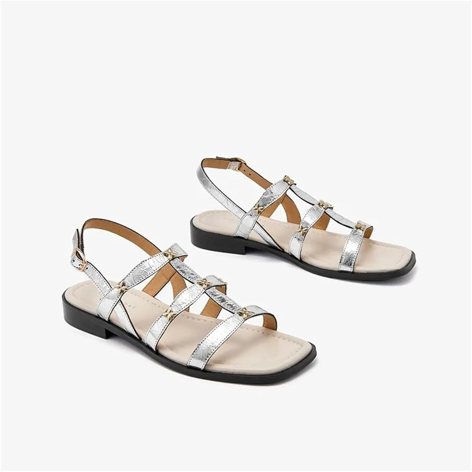 Women's Silver Thin Strap Sandals - Genuine Leather Round Toe Summer Flats