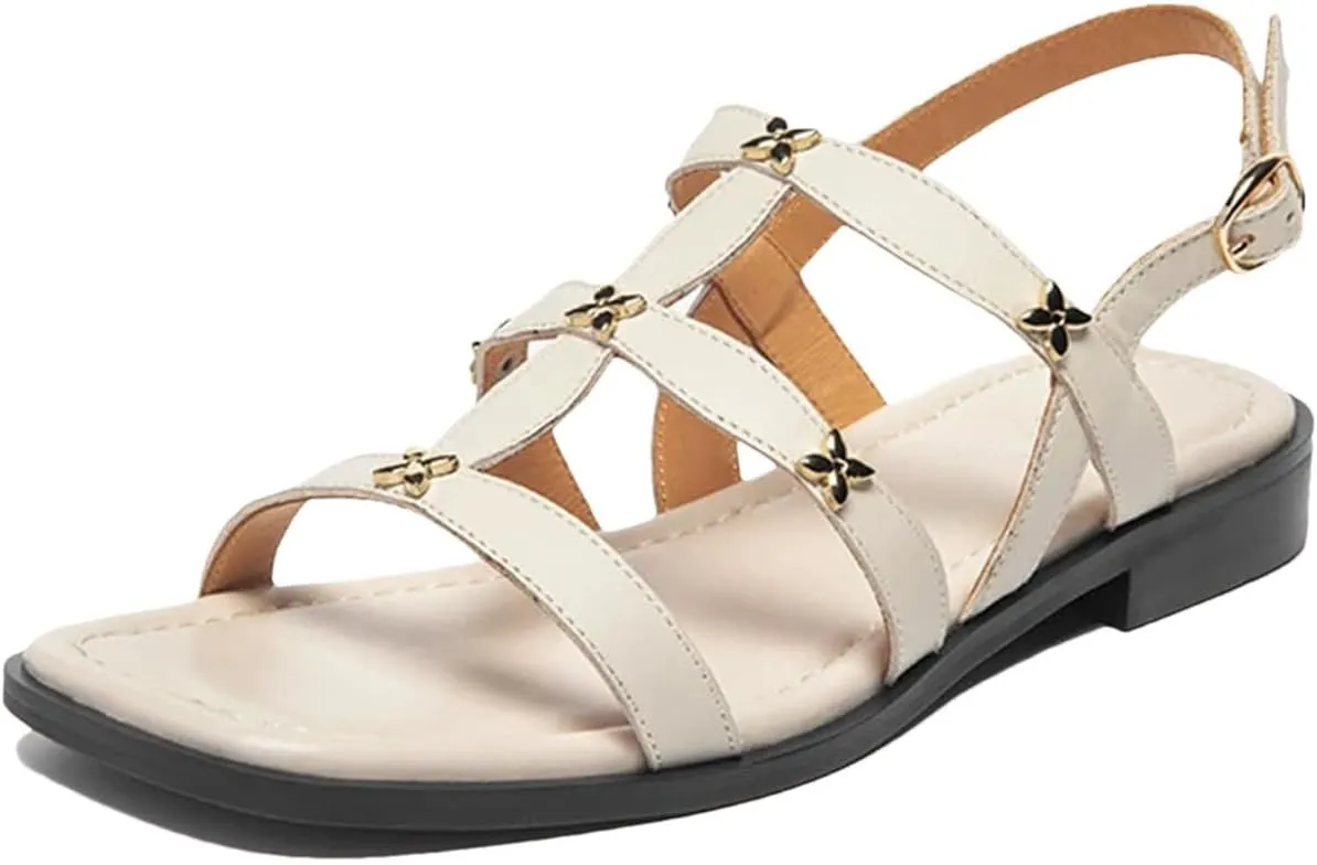 Women's Silver Thin Strap Sandals - Genuine Leather Round Toe Summer Flats
