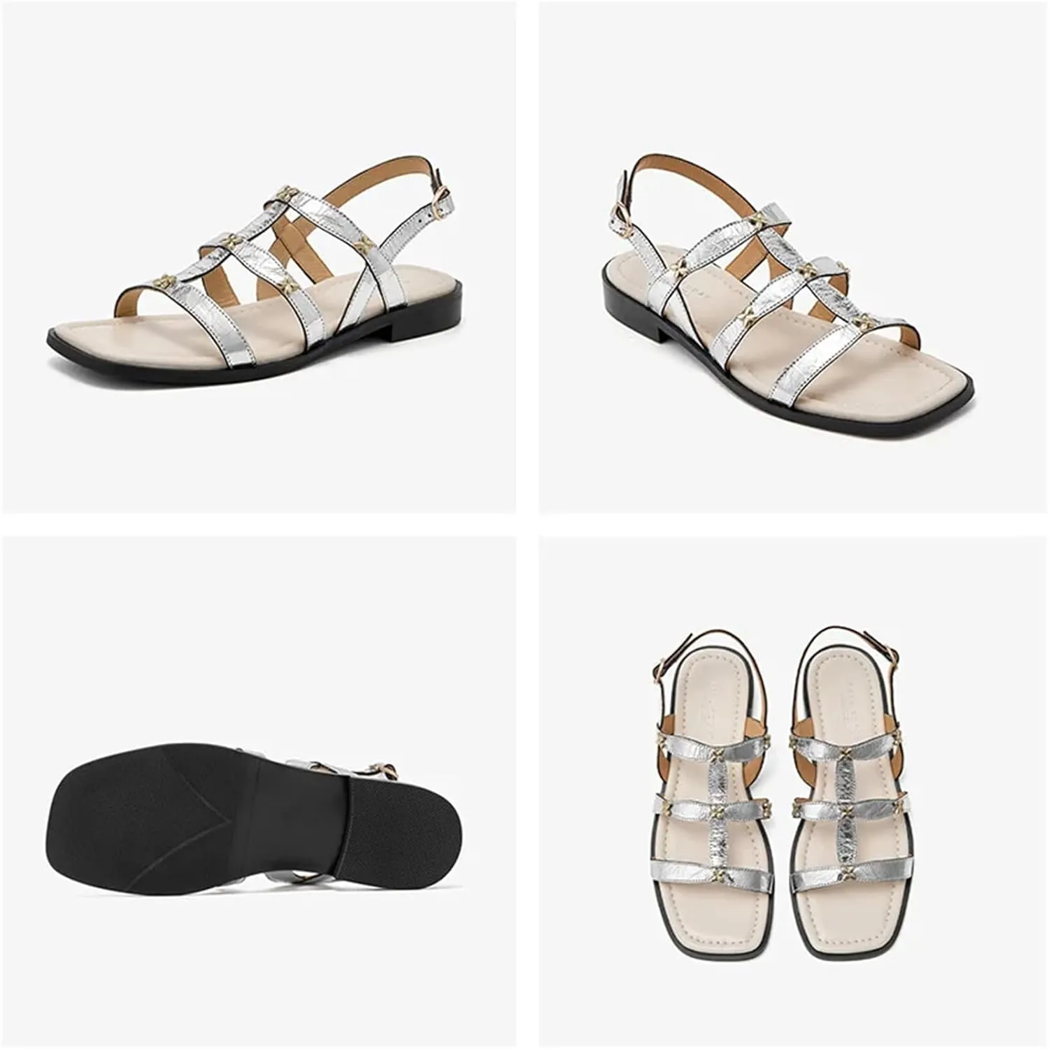 Women's Silver Thin Strap Sandals - Genuine Leather Round Toe Summer Flats