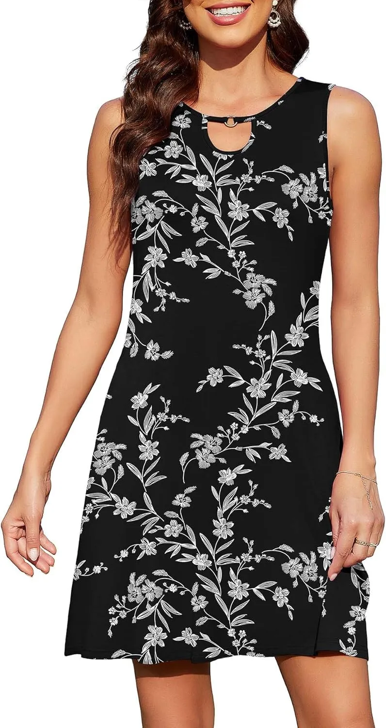 Women's Sleeveless Casual Summer Dresses Keyhole Neck Beach Mini Sundress with Pockets