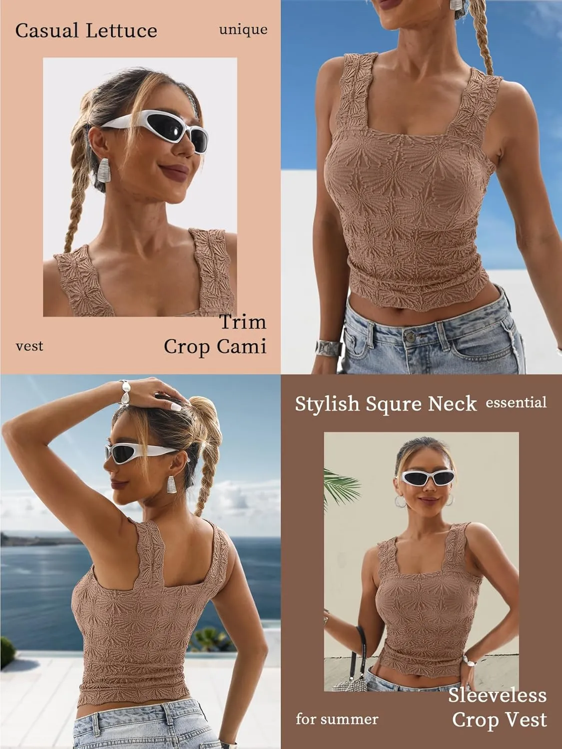 Women's Square Neck Tops Slim Fit Sleeveless Wide Strap Crop Tank Tops Lettuce Trim Crop Cami Tops with Floral Jacquard