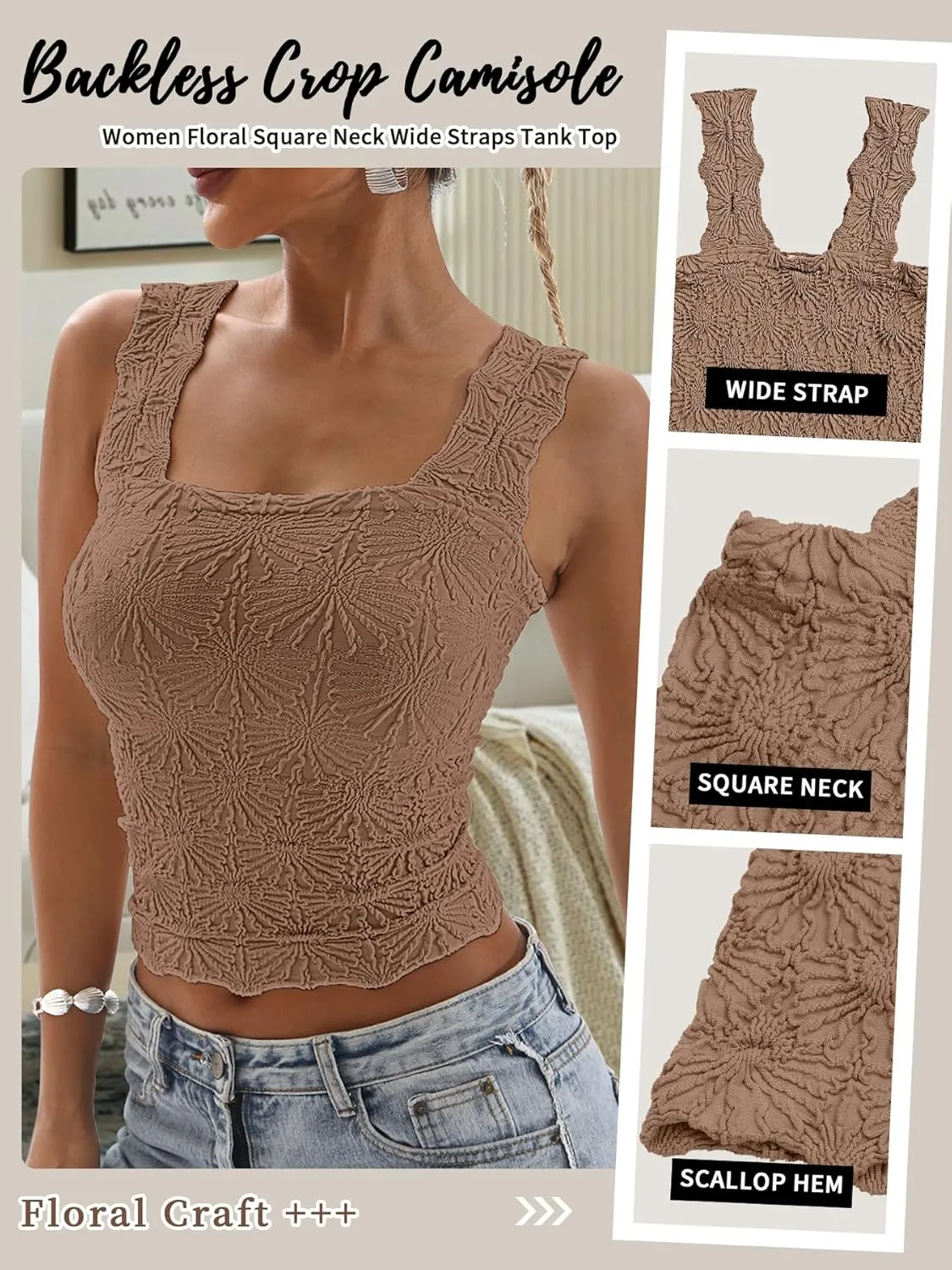 Women's Square Neck Tops Slim Fit Sleeveless Wide Strap Crop Tank Tops Lettuce Trim Crop Cami Tops with Floral Jacquard
