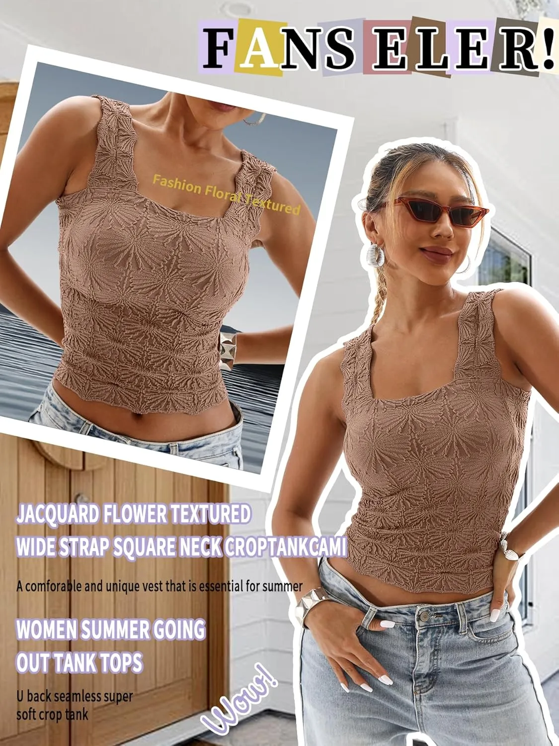 Women's Square Neck Tops Slim Fit Sleeveless Wide Strap Crop Tank Tops Lettuce Trim Crop Cami Tops with Floral Jacquard