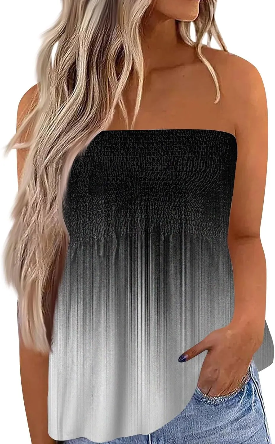 Womens Strapless Bandeau Tank Tops Tube Tops Floral Tanks Smocked Ruffled Backless Casual Bandeau Sleeveless Shirts