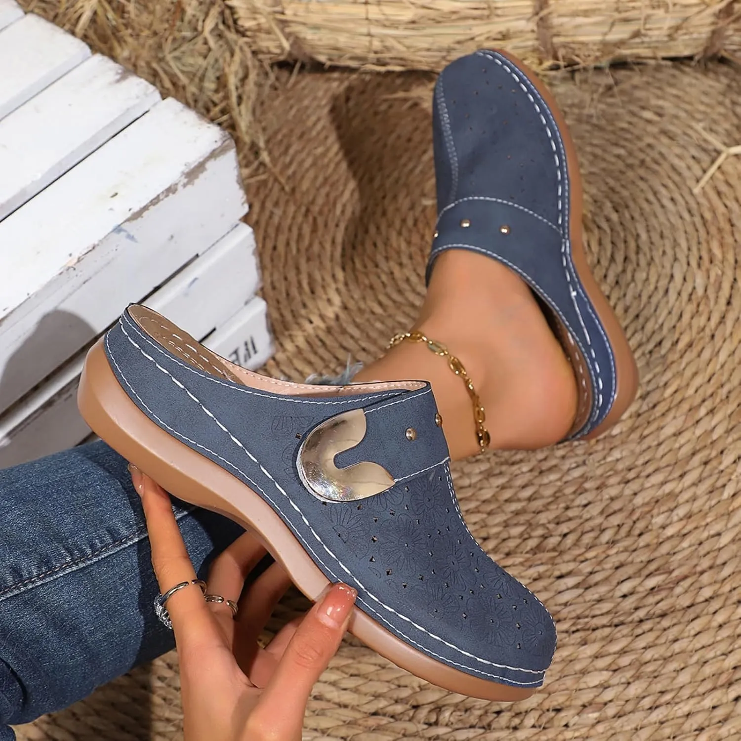 Womens Summer Clogs and Mules Orthopedic Sandals for Women Arch Support Walking Sandals Comfortable Closed Toe Lightweight Breathable Sandal Backless Low Wedge Slip on Mule Shoes with Metal Hollow