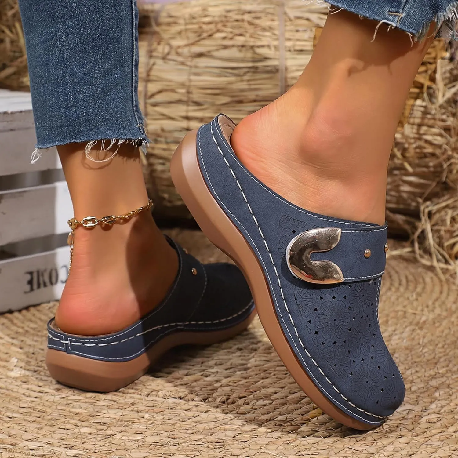 Womens Summer Clogs and Mules Orthopedic Sandals for Women Arch Support Walking Sandals Comfortable Closed Toe Lightweight Breathable Sandal Backless Low Wedge Slip on Mule Shoes with Metal Hollow