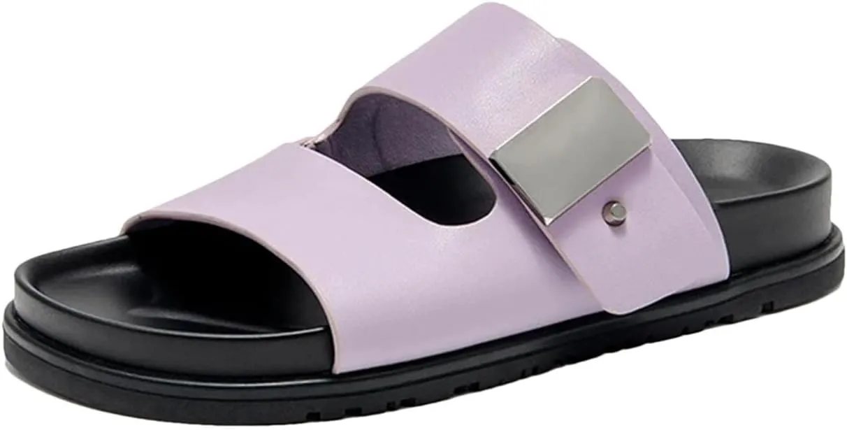Women's Synthetic Leather Platform Slippers - Buckle Strap Summer Beach Flats