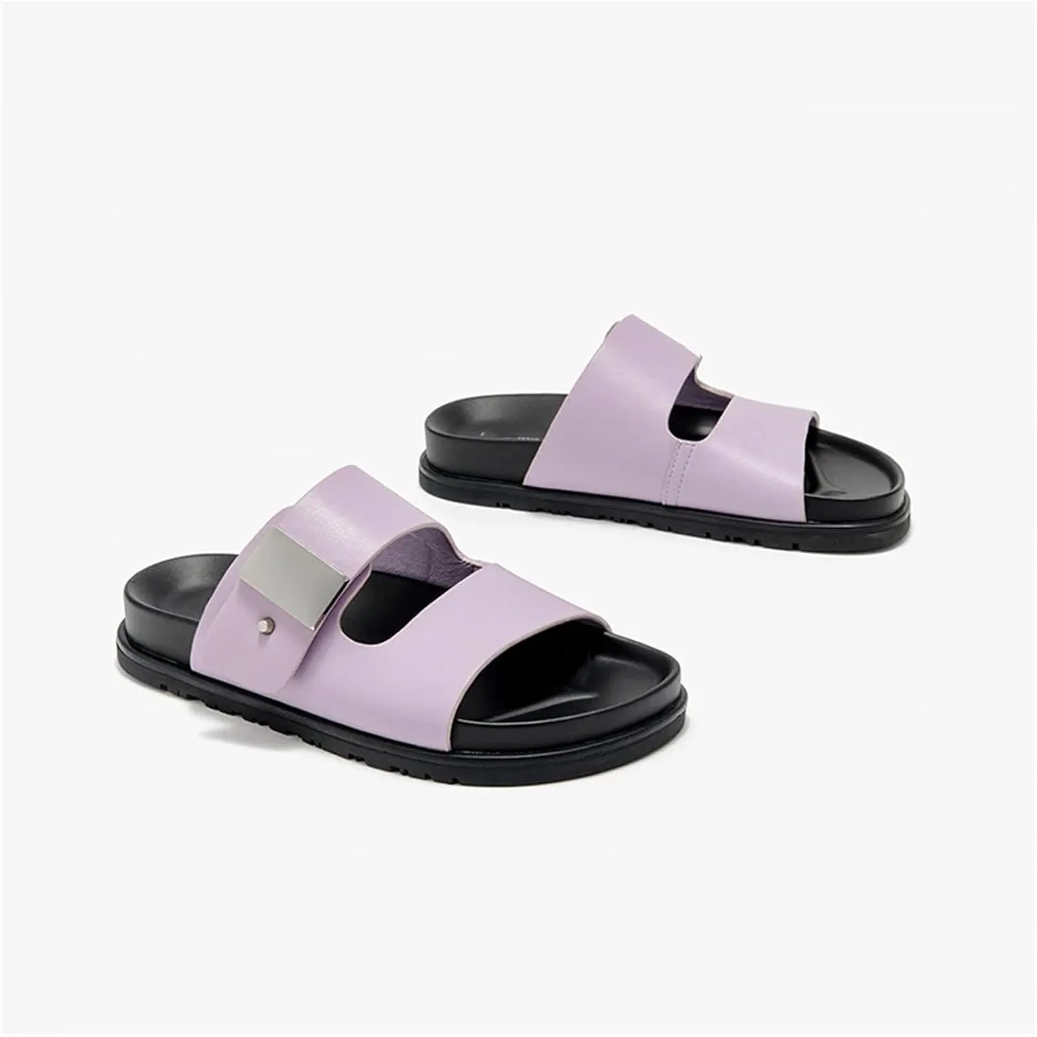 Women's Synthetic Leather Platform Slippers - Buckle Strap Summer Beach Flats
