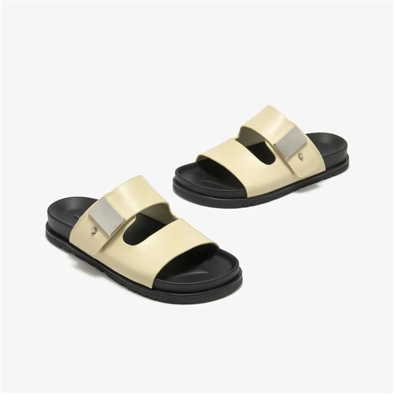 Women's Synthetic Leather Platform Slippers - Buckle Strap Summer Beach Flats