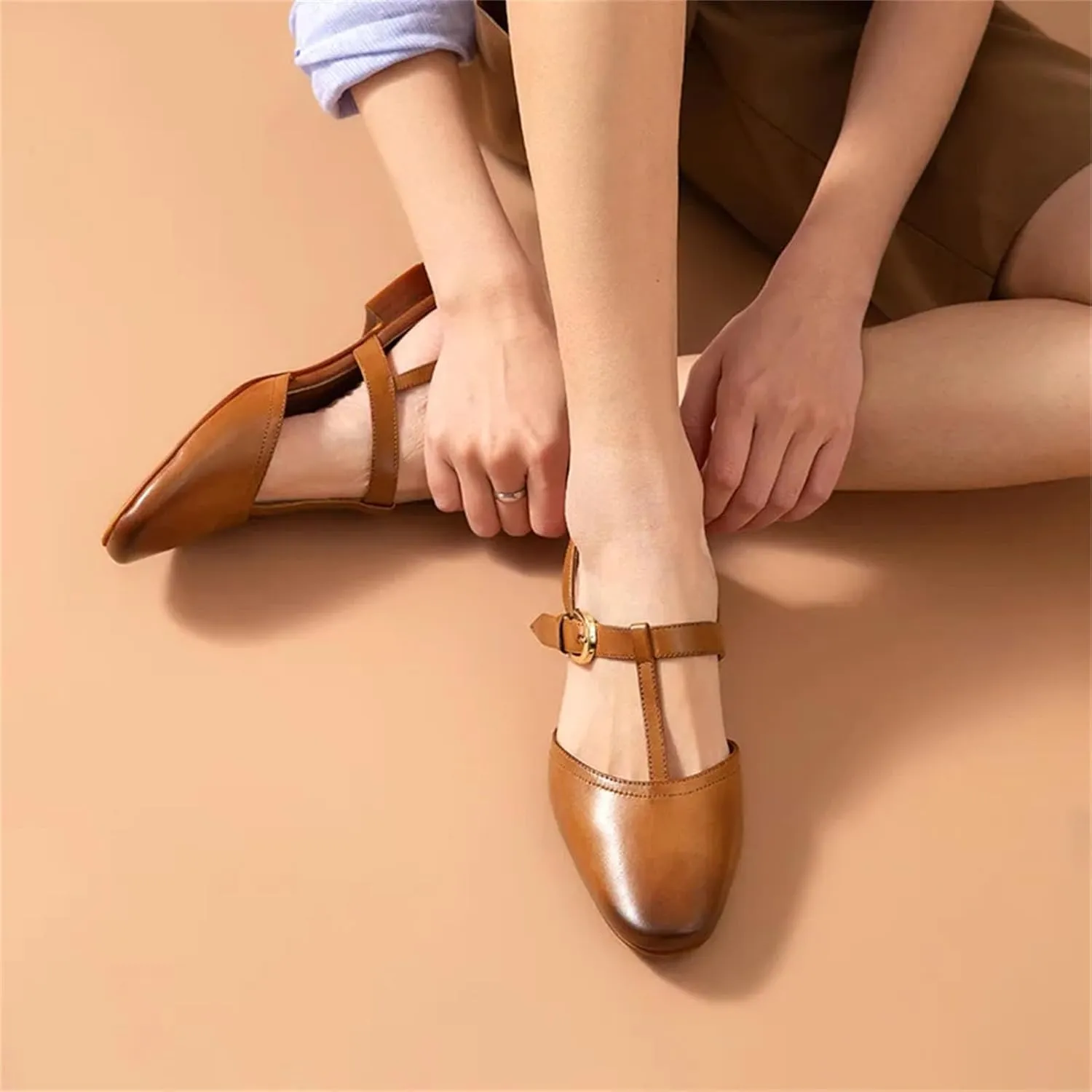 Women's T-Strap Genuine Cow Leather Sandals - Elastic Buckle Waxing Toe Summer Flats