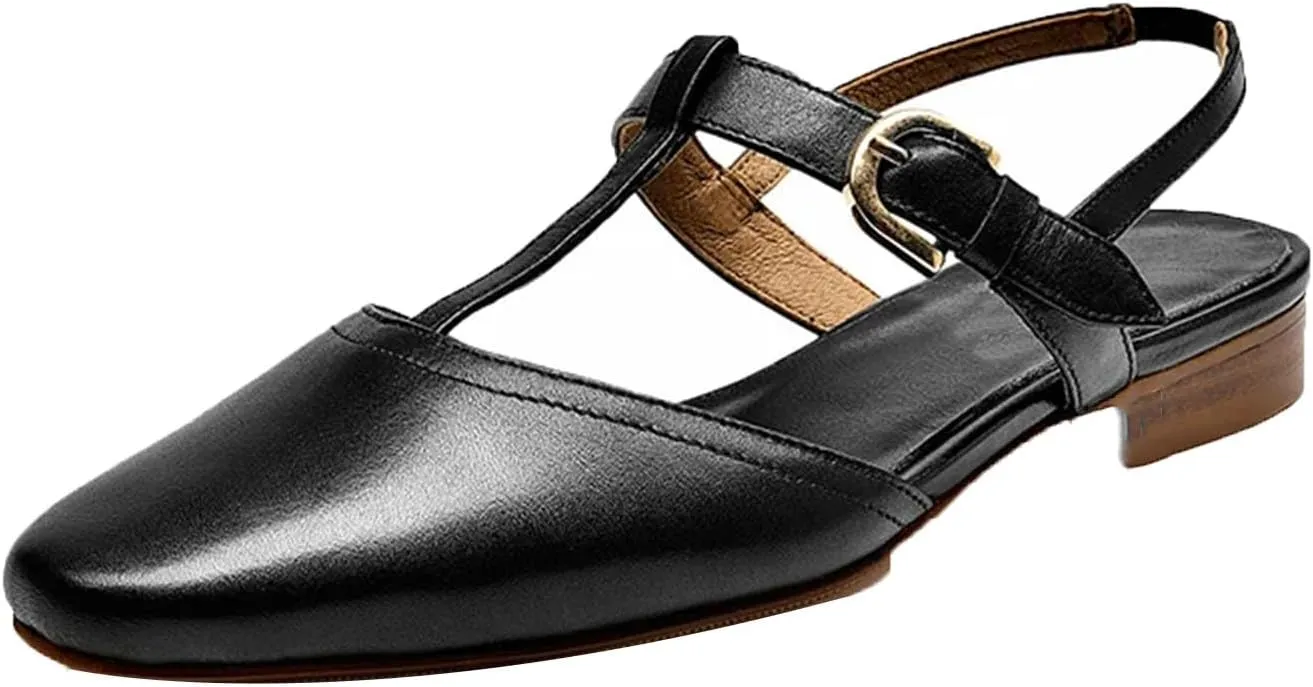 Women's T-Strap Genuine Cow Leather Sandals - Elastic Buckle Waxing Toe Summer Flats
