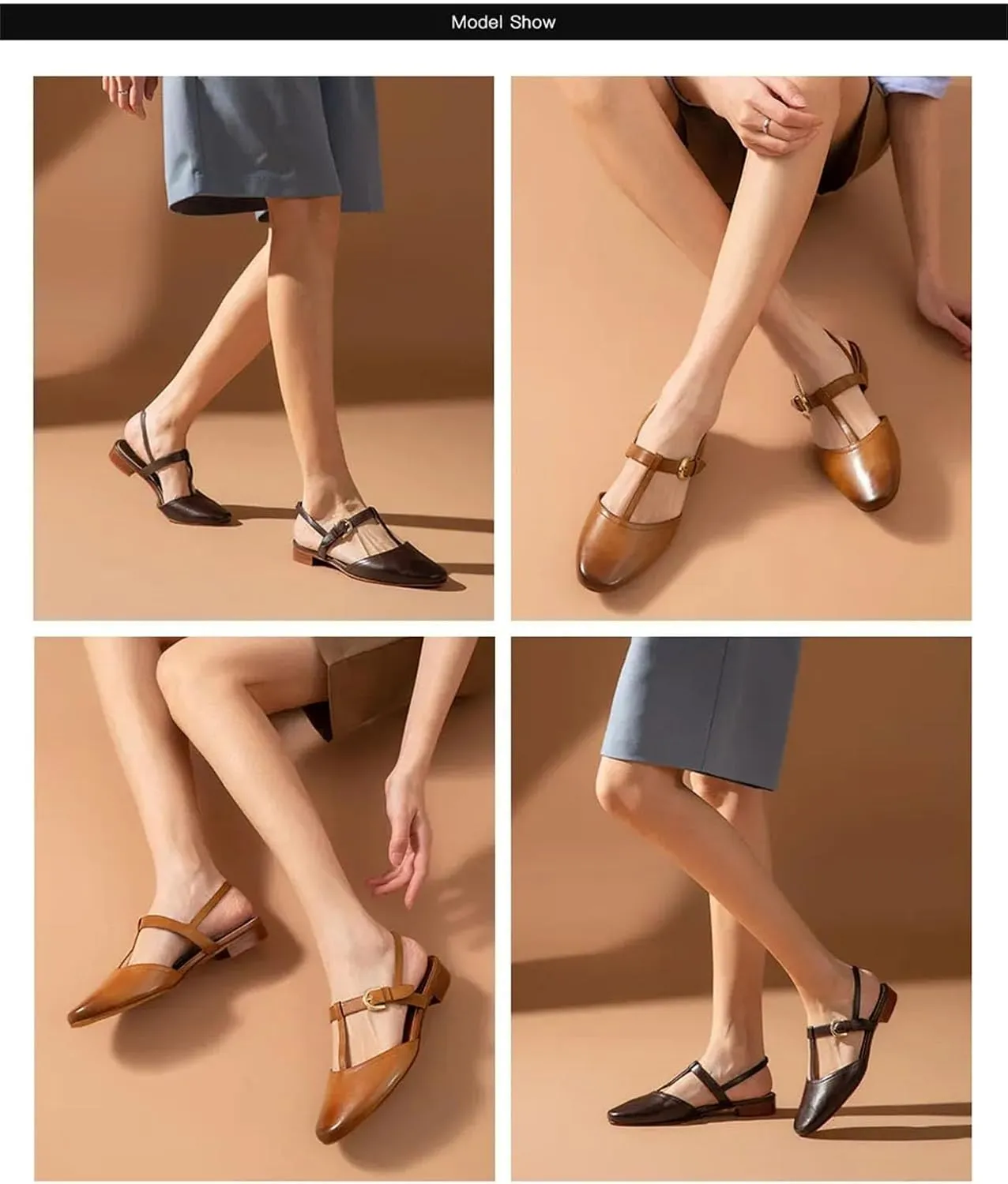 Women's T-Strap Genuine Cow Leather Sandals - Elastic Buckle Waxing Toe Summer Flats