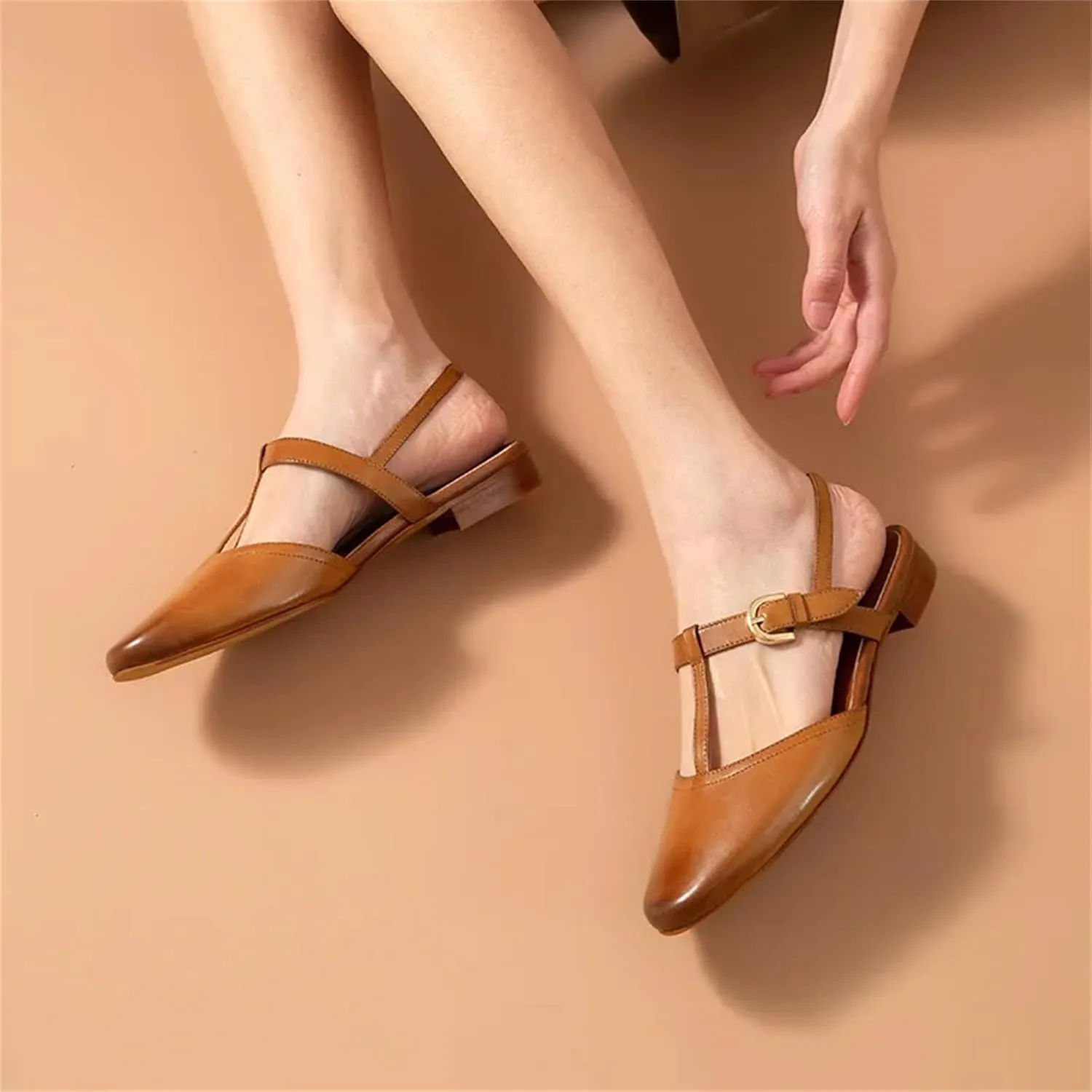 Women's T-Strap Genuine Cow Leather Sandals - Elastic Buckle Waxing Toe Summer Flats