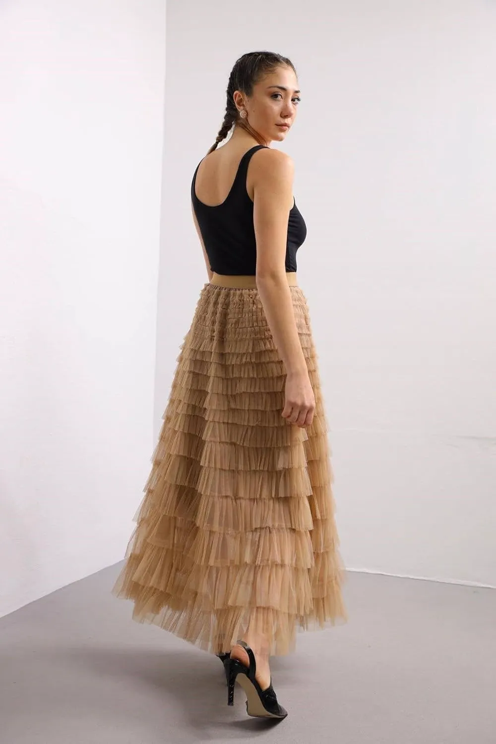 Womens Tiered Tulle Long Skirt A Line High Waist Layered Mesh Midi Skirts Pleated Ruffle Tutu Maxi Party Skirt