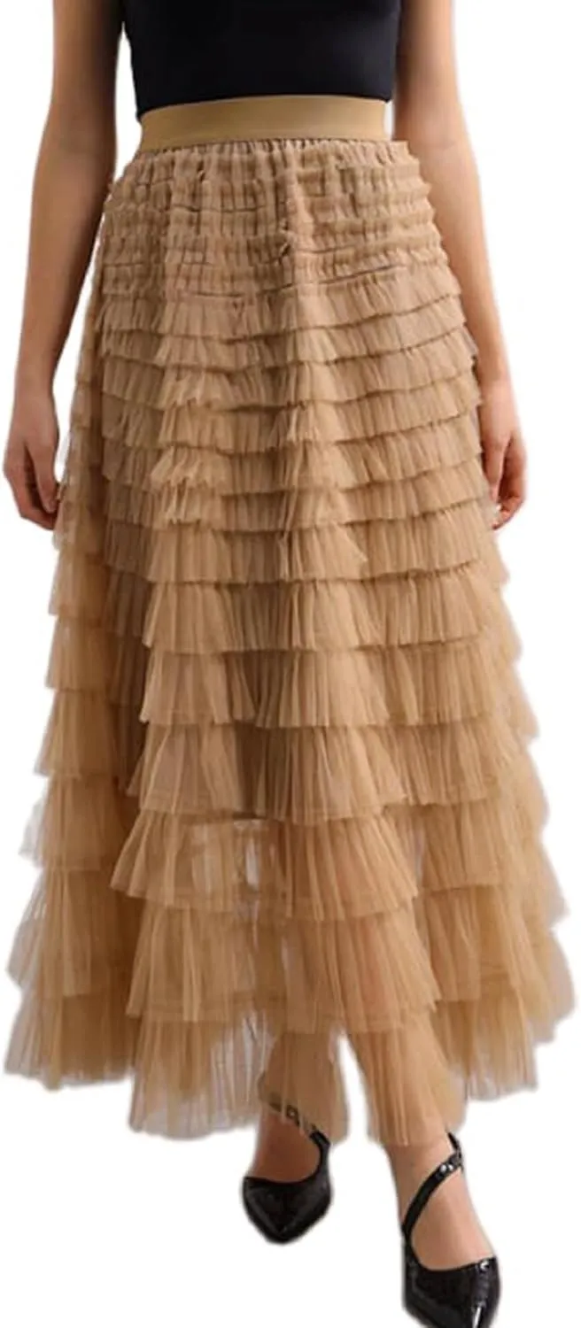 Womens Tiered Tulle Long Skirt A Line High Waist Layered Mesh Midi Skirts Pleated Ruffle Tutu Maxi Party Skirt