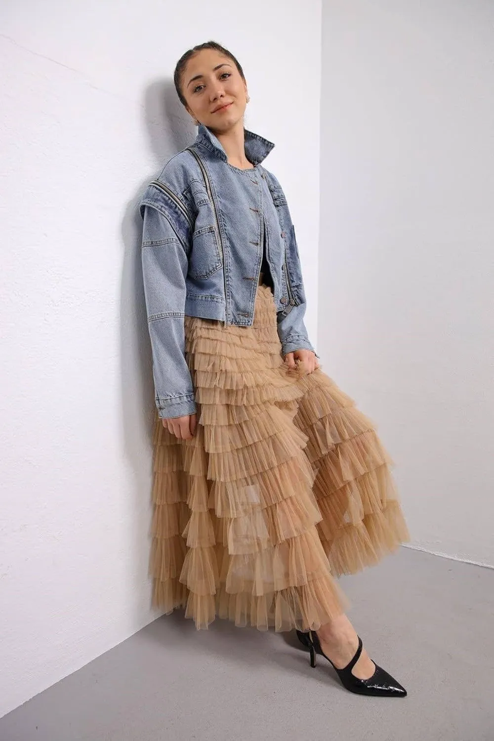 Womens Tiered Tulle Long Skirt A Line High Waist Layered Mesh Midi Skirts Pleated Ruffle Tutu Maxi Party Skirt