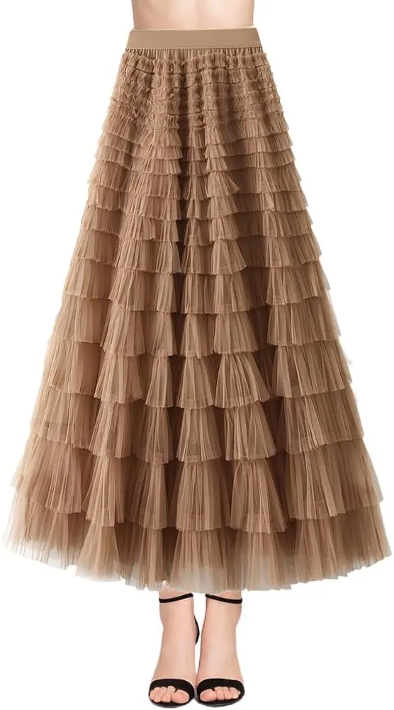 Womens Tiered Tulle Long Skirt A Line High Waist Layered Mesh Midi Skirts Pleated Ruffle Tutu Maxi Party Skirt