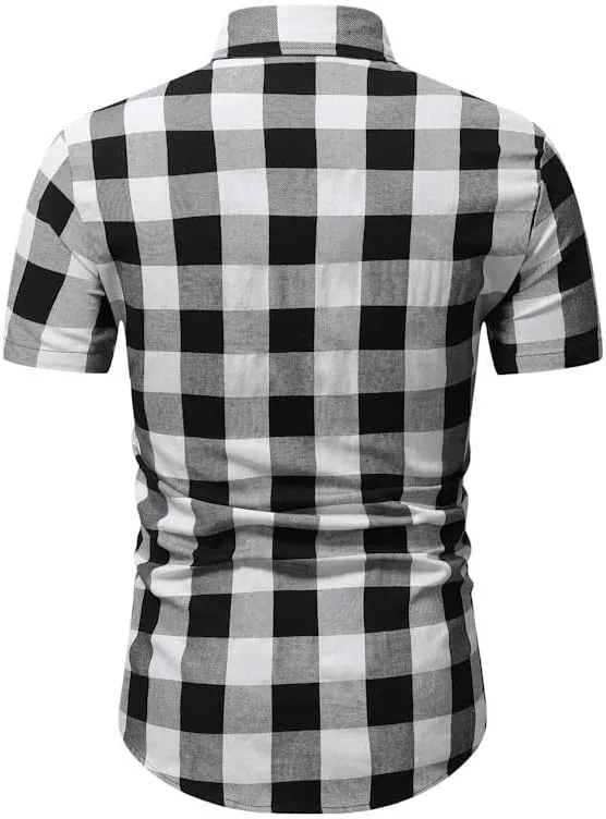 WUAI-Men Slim Fit Dress Shirt Basic Short Sleeve Checked Button Down Collared Shirt Casual Plaid Poplin Business Shirts