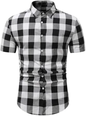 WUAI-Men Slim Fit Dress Shirt Basic Short Sleeve Checked Button Down Collared Shirt Casual Plaid Poplin Business Shirts