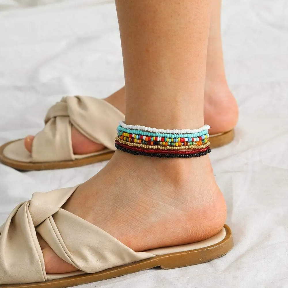 XIJIN 8Pcs Handmade Beaded Anklets for Women Boho Colorful Beads Ankle Bracelets Adjustable Foot Anklet Set