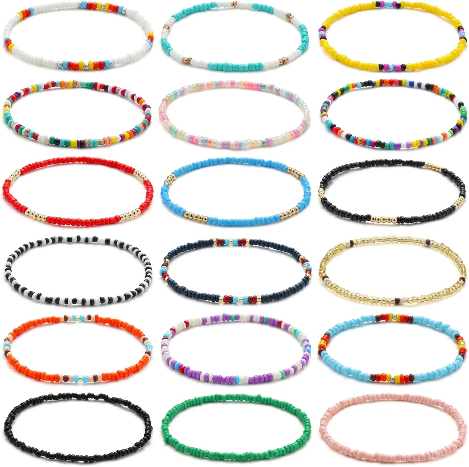 XIJIN 8Pcs Handmade Beaded Anklets for Women Boho Colorful Beads Ankle Bracelets Adjustable Foot Anklet Set