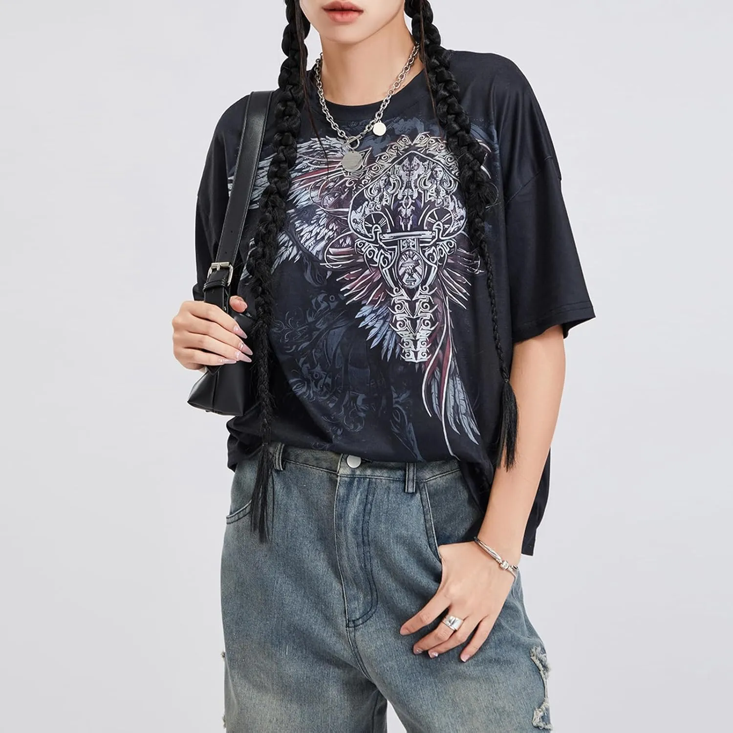 Y2K Grunge Graphic Tees for Teens Girl Vintage Fairy Grunge Emo Goth Short Sleeve Baggy T-Shirt Going Out Streetwear