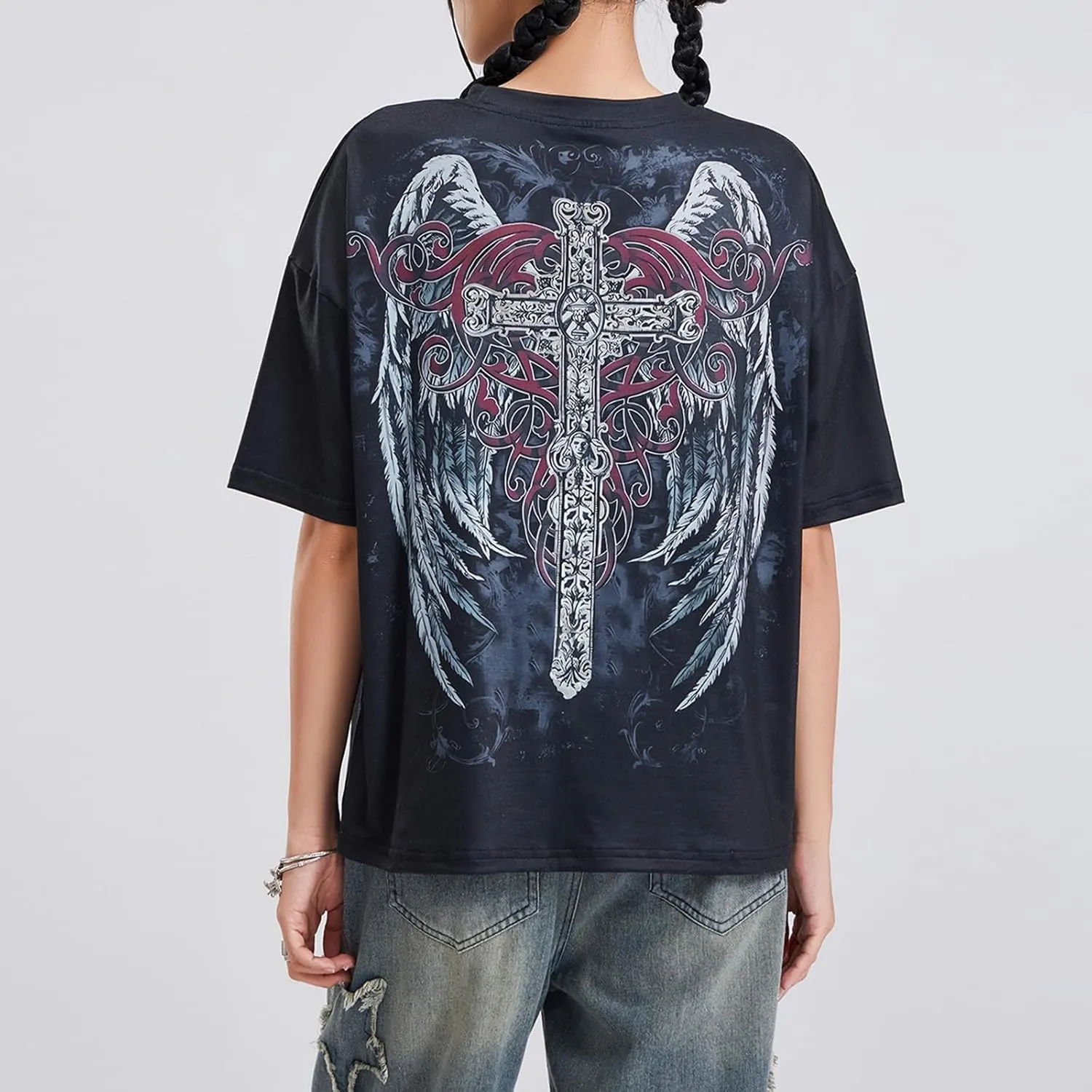 Y2K Grunge Graphic Tees for Teens Girl Vintage Fairy Grunge Emo Goth Short Sleeve Baggy T-Shirt Going Out Streetwear