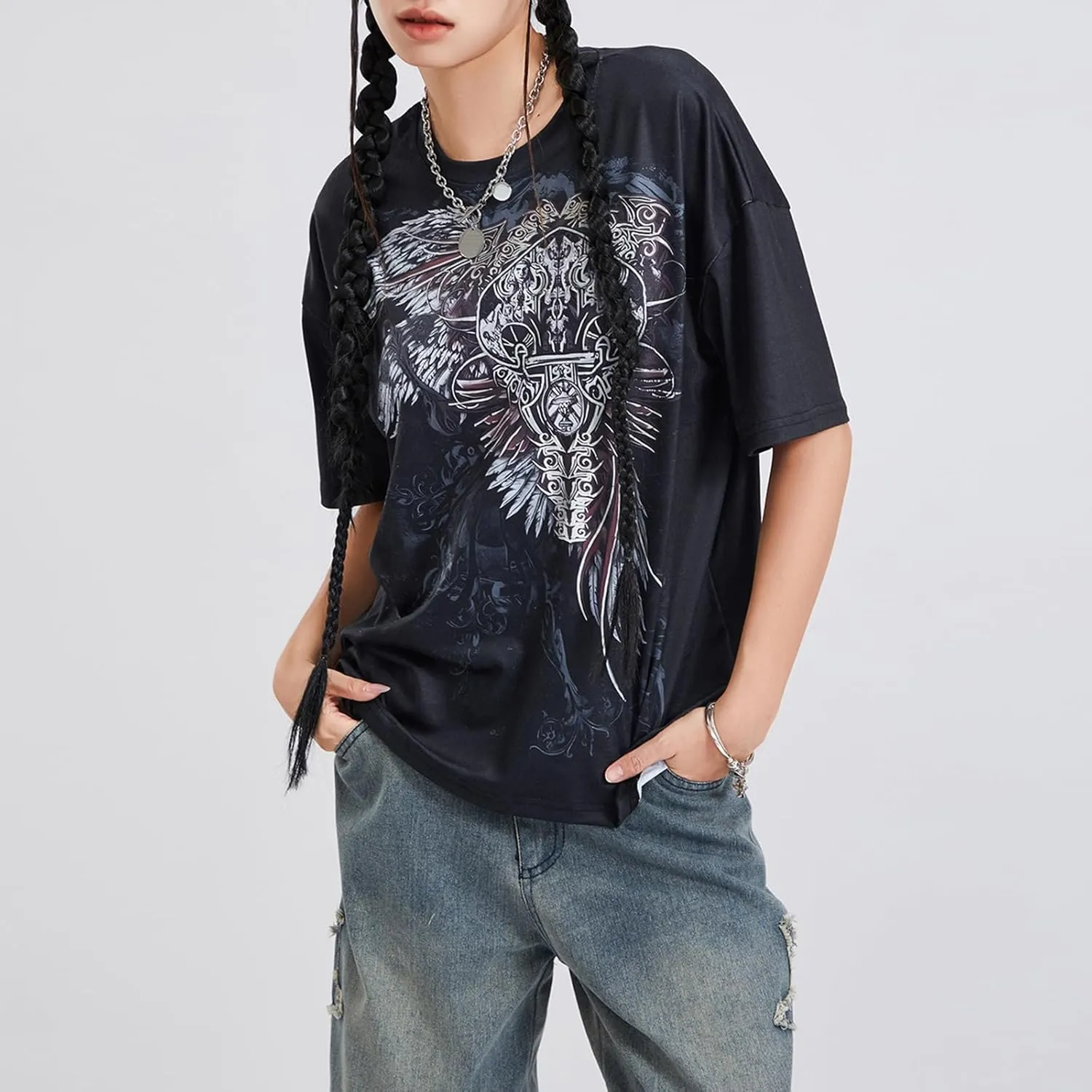 Y2K Grunge Graphic Tees for Teens Girl Vintage Fairy Grunge Emo Goth Short Sleeve Baggy T-Shirt Going Out Streetwear