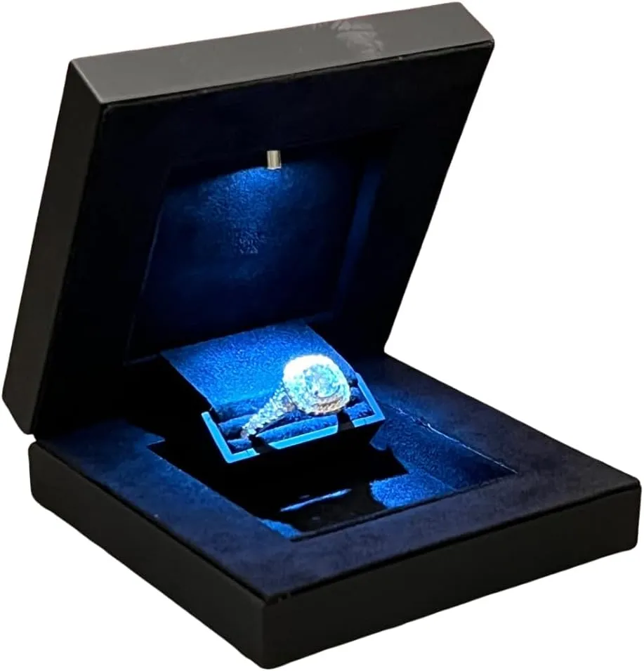 YJCBOX Ultra Slim Deluxe Hidden Proposal Engagement Ring Box with LED Light Black