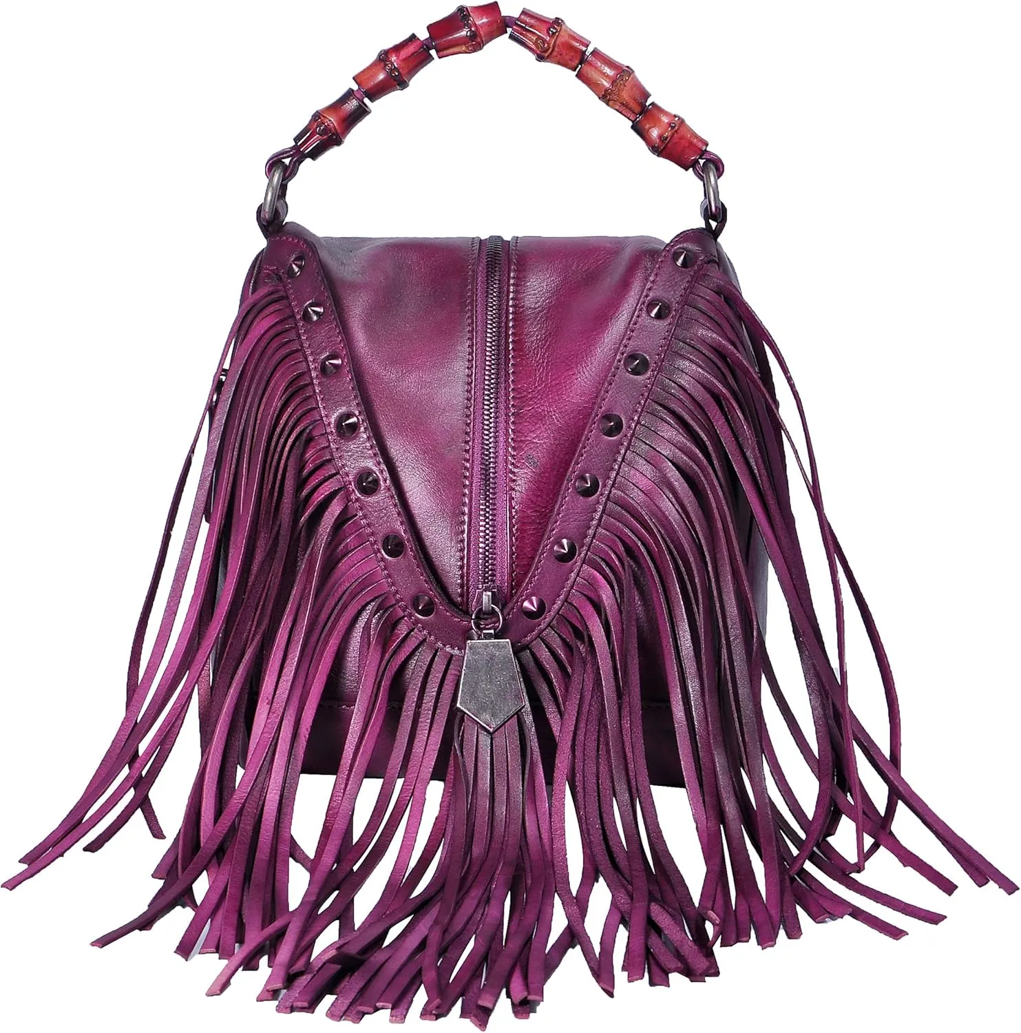 ZLYC Women's Leather Bamboo Hand Strap Featured Fringe Bohemian Tassel Studed Cross Body Bag