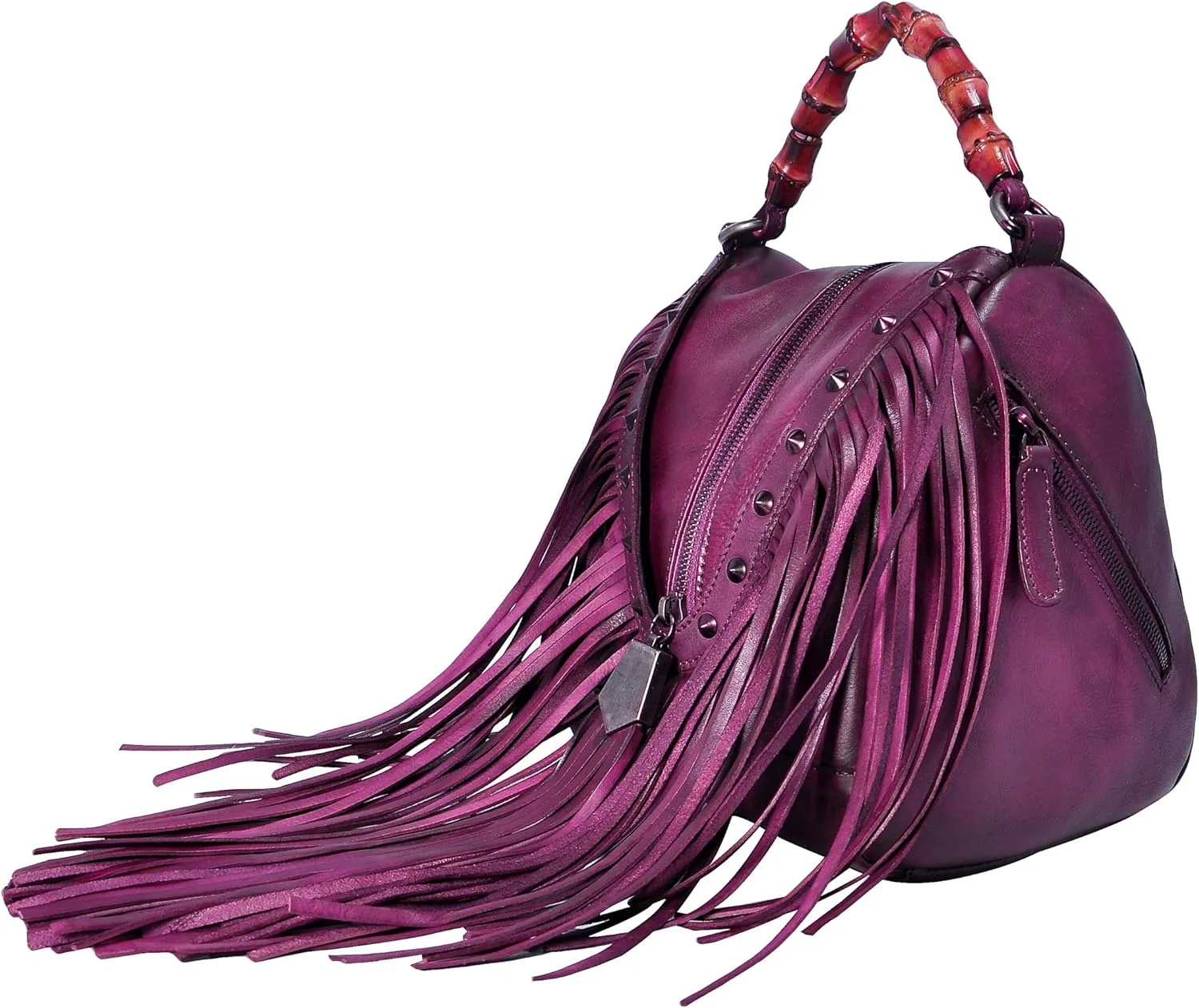ZLYC Women's Leather Bamboo Hand Strap Featured Fringe Bohemian Tassel Studed Cross Body Bag