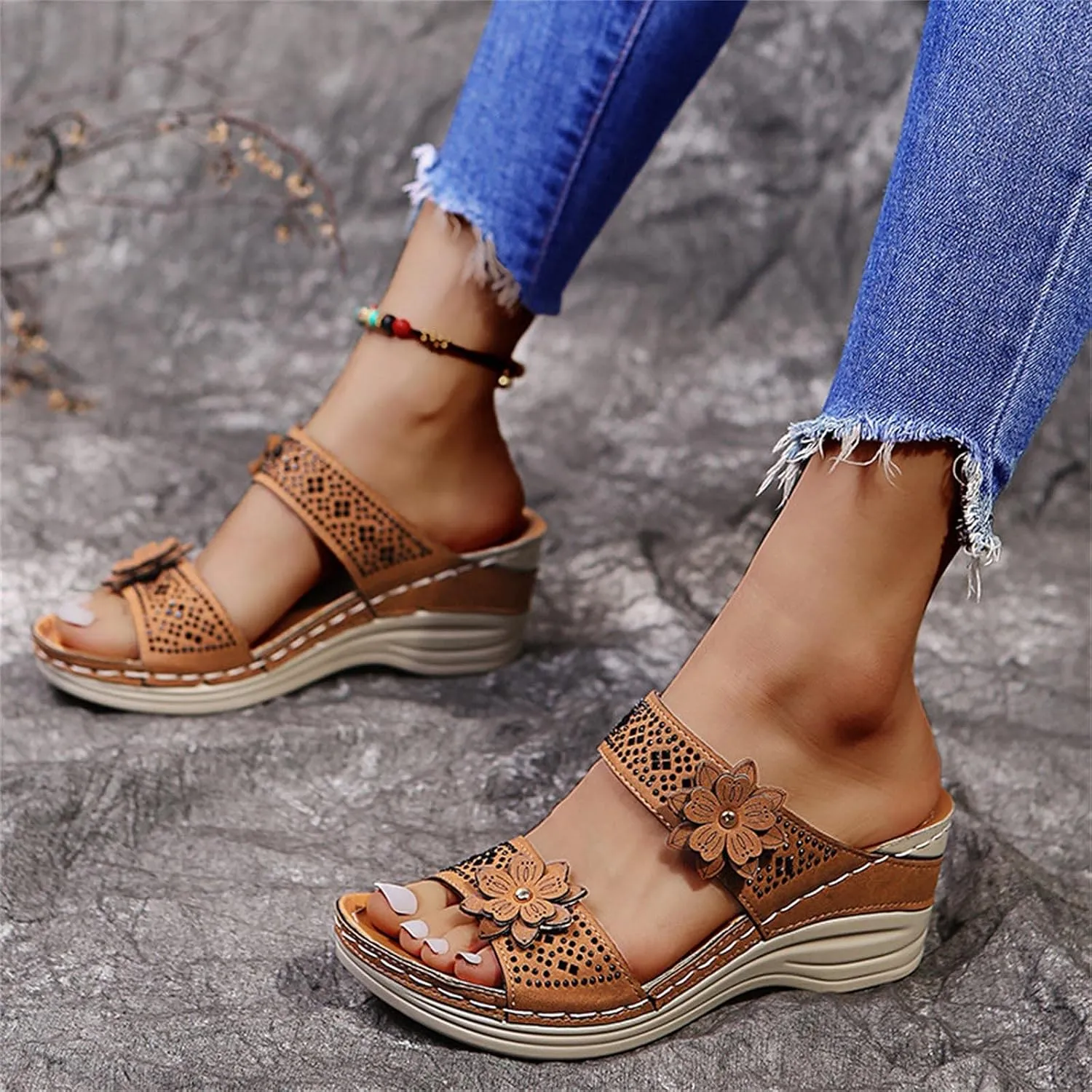 ZSpzx Women's Orthotic Cushion Sandals Foot Arch Support Plantar Fasciitis Bunion Open Toe Wedge Slide Flowers Comfortable Dressy Summer Casual Womens Shoes Orthopedic Non Slip-on Outdoor Slides