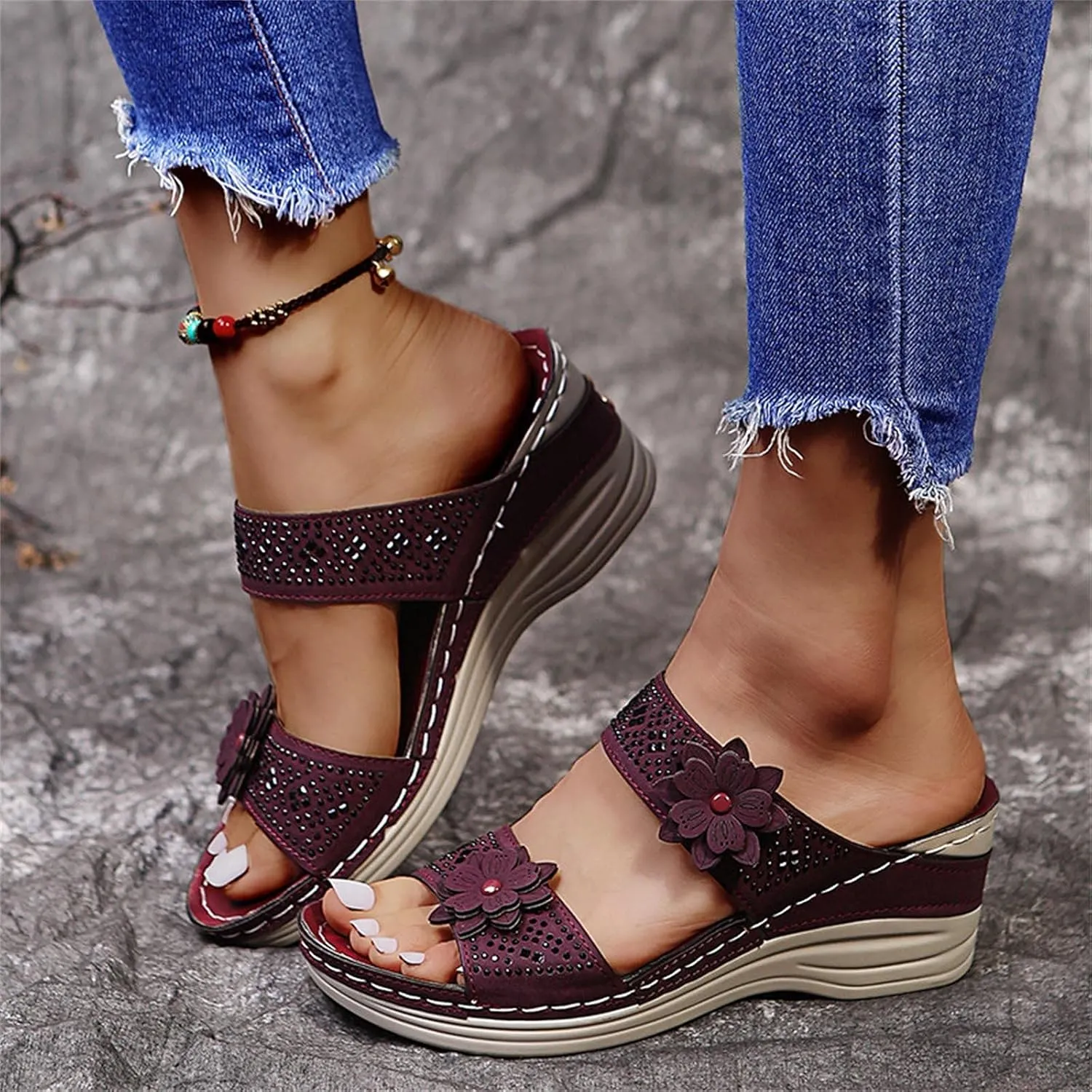 ZSpzx Women's Orthotic Cushion Sandals Foot Arch Support Plantar Fasciitis Bunion Open Toe Wedge Slide Flowers Comfortable Dressy Summer Casual Womens Shoes Orthopedic Non Slip-on Outdoor Slides