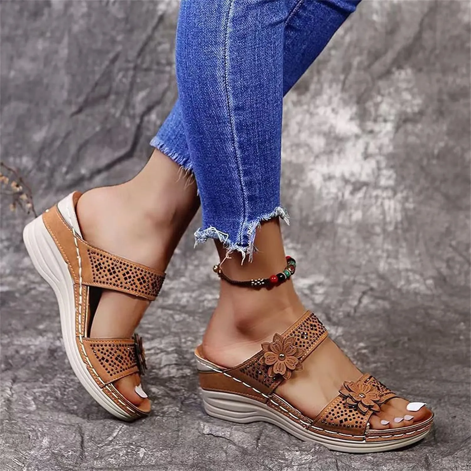 ZSpzx Women's Orthotic Cushion Sandals Foot Arch Support Plantar Fasciitis Bunion Open Toe Wedge Slide Flowers Comfortable Dressy Summer Casual Womens Shoes Orthopedic Non Slip-on Outdoor Slides