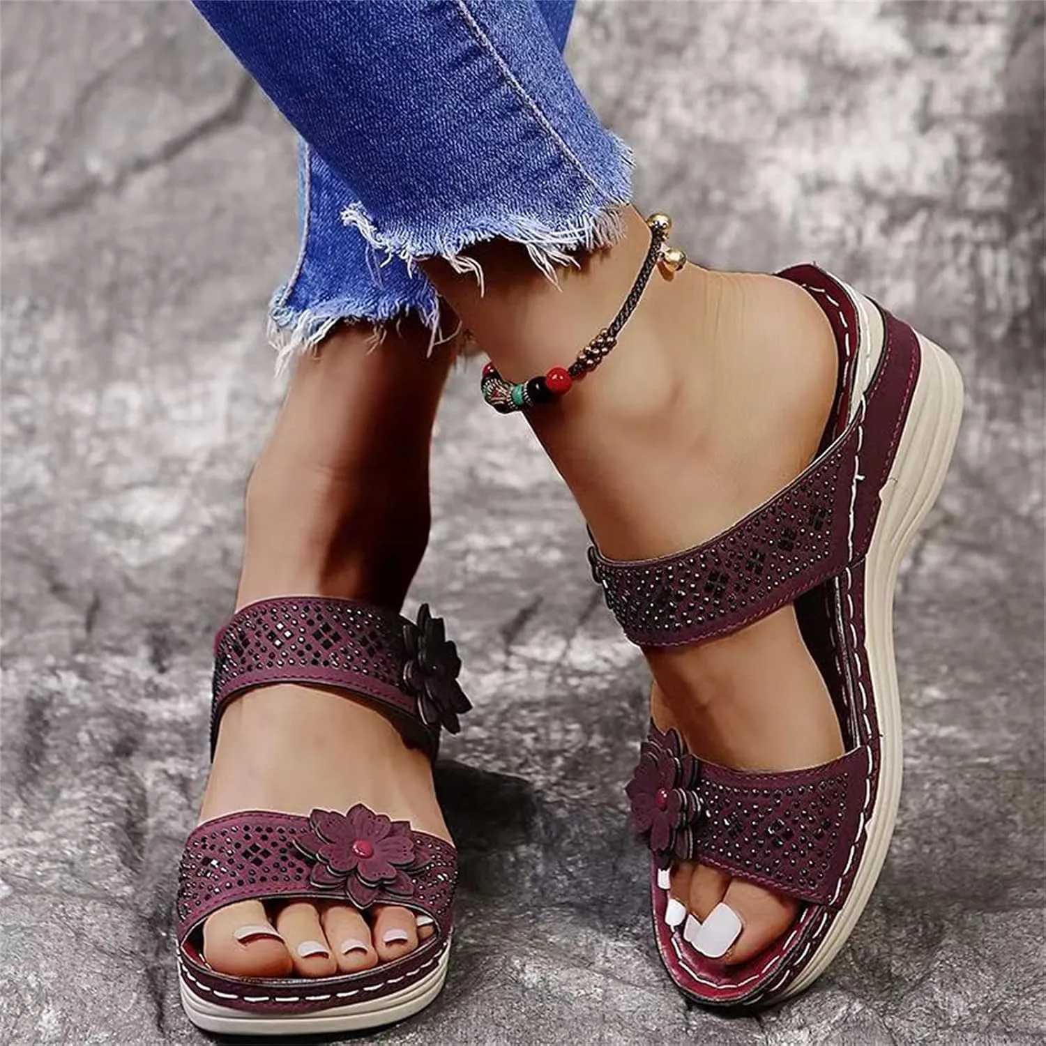 ZSpzx Women's Orthotic Cushion Sandals Foot Arch Support Plantar Fasciitis Bunion Open Toe Wedge Slide Flowers Comfortable Dressy Summer Casual Womens Shoes Orthopedic Non Slip-on Outdoor Slides